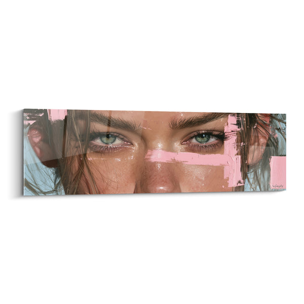Tableau Regard vert aux bandes roses et bleues - Sourcils bruns broussailleux - Edition Visage abstrait