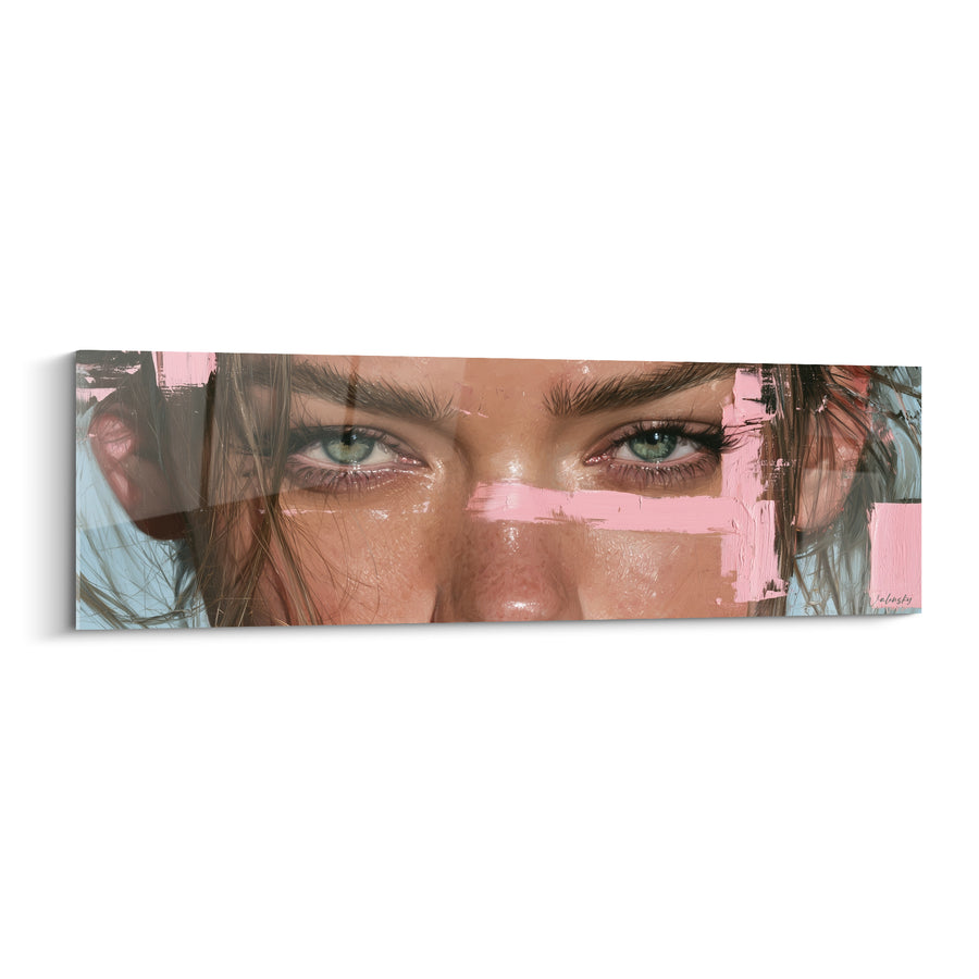 Tableau Regard vert aux bandes roses et bleues - Sourcils bruns broussailleux - Edition Visage abstrait