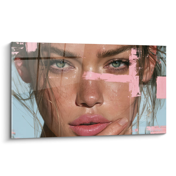 Tableau Visage rose et bleu au doigt effleurant les lèvres - Yeux verts perçants - Edition Visage abstrait