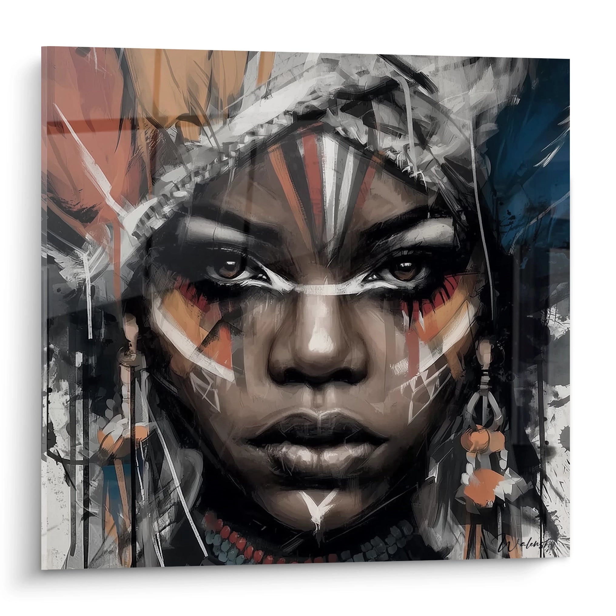 Tableau visage africain art mural de Walensky avec des couleurs vives et des motifs tribaux
