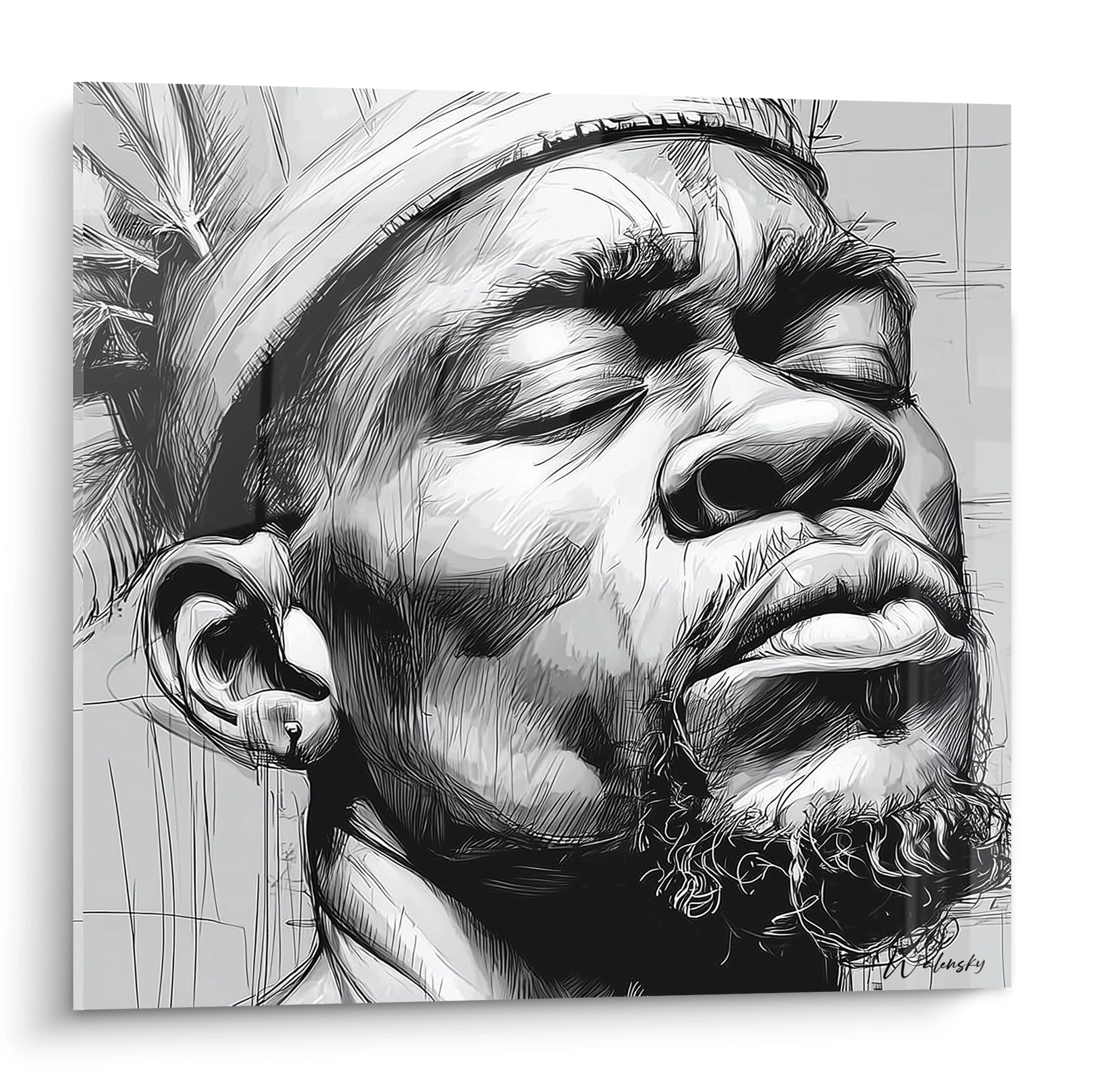 Tableau visage africain en noir et blanc représentant un homme avec des éléments culturels.