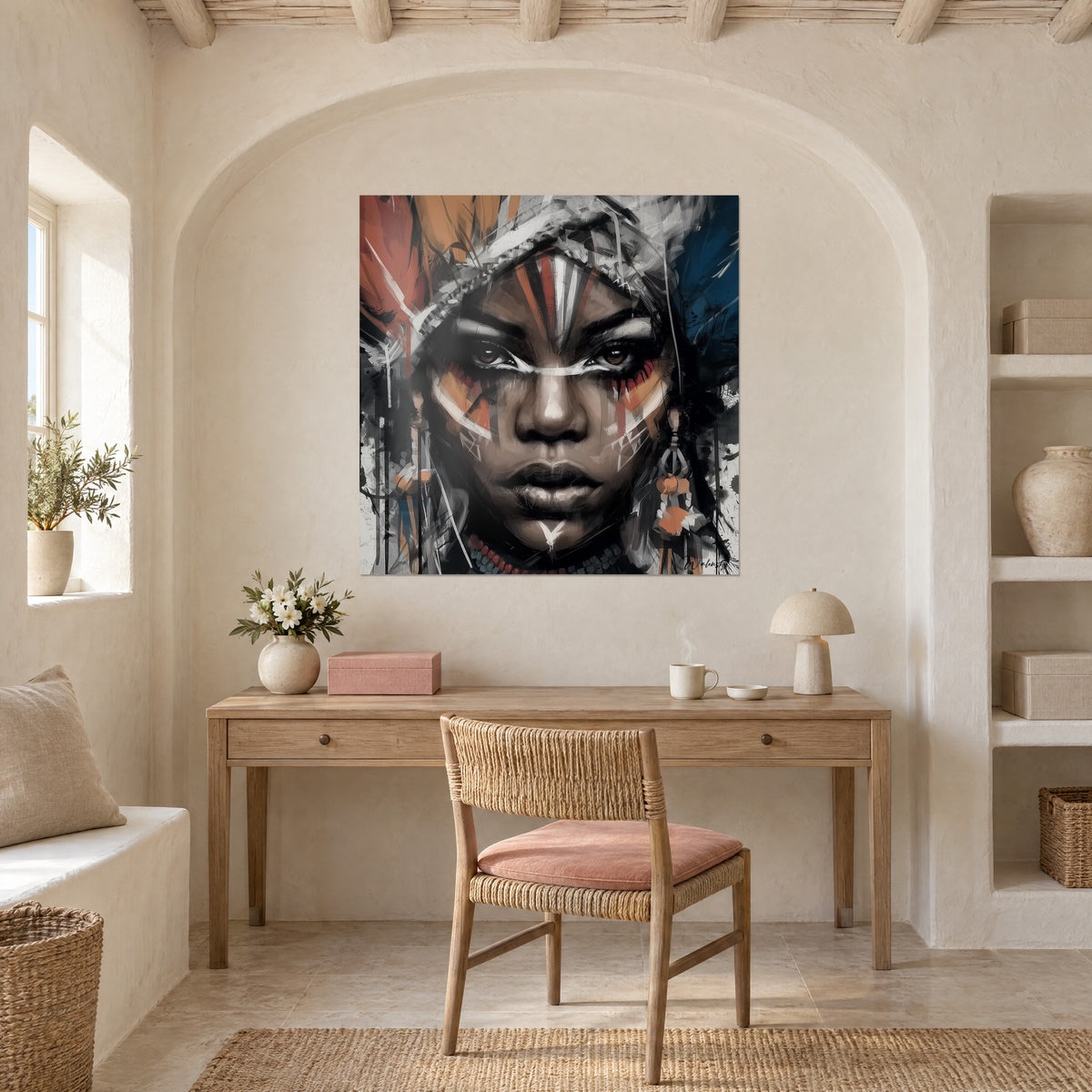 Tableau visage de femme aux coups de pinceau noirs, plumes bleu marine et ocre, accroché dans l'alcôve voûtée d'un bureau