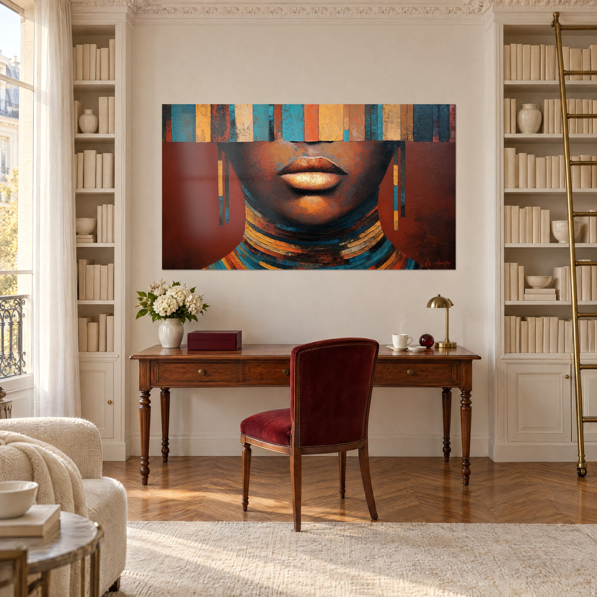 Cuadro busto africano estilizado, bandas ocre y azul pato, empastes de pintura, en la pared de un despacho entre dos estanterías