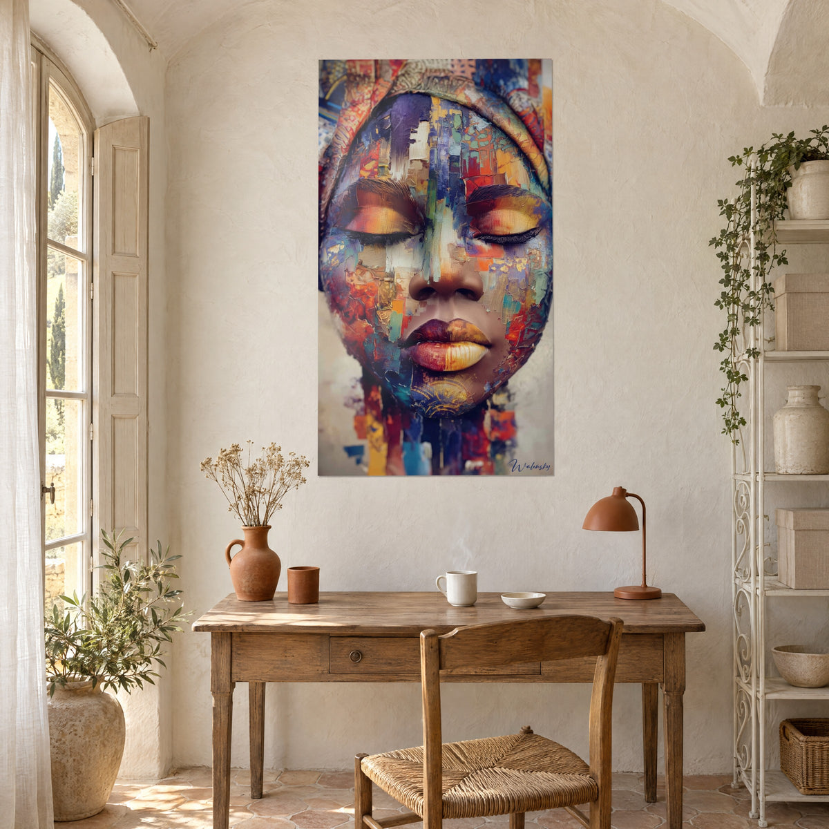 Quadro maschera dipinta di una donna con gli occhi chiusi, mosaico ocra e blu notte, appeso sopra una scrivania in legno chiaro del casale