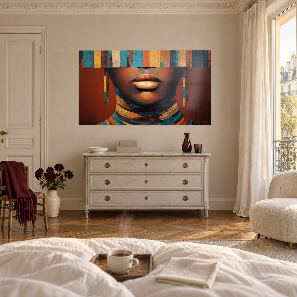 Cuadro mujer con la mirada oculta tras lamas turquesa y azafrán, fondo rojo tierra, sobre una cama en un dormitorio luminoso