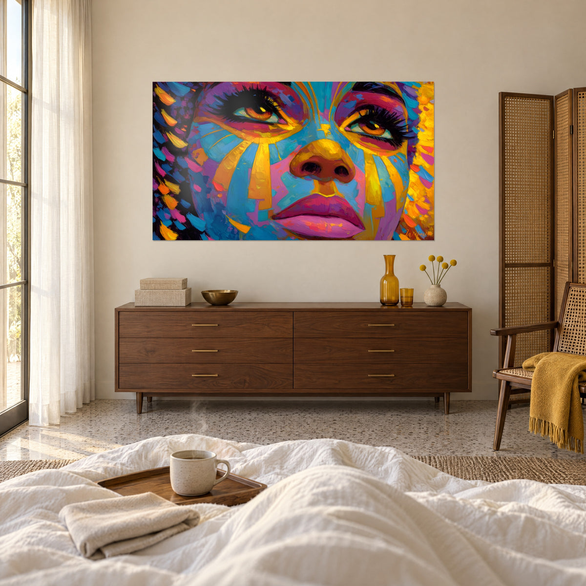 Gemälde einer leuchtenden Frauenmaske, Augen mit schwarzen Wimpern umrandet, Mosaik in Magenta und Gold, über einem Bett in einem hellen Schlafzimmer
