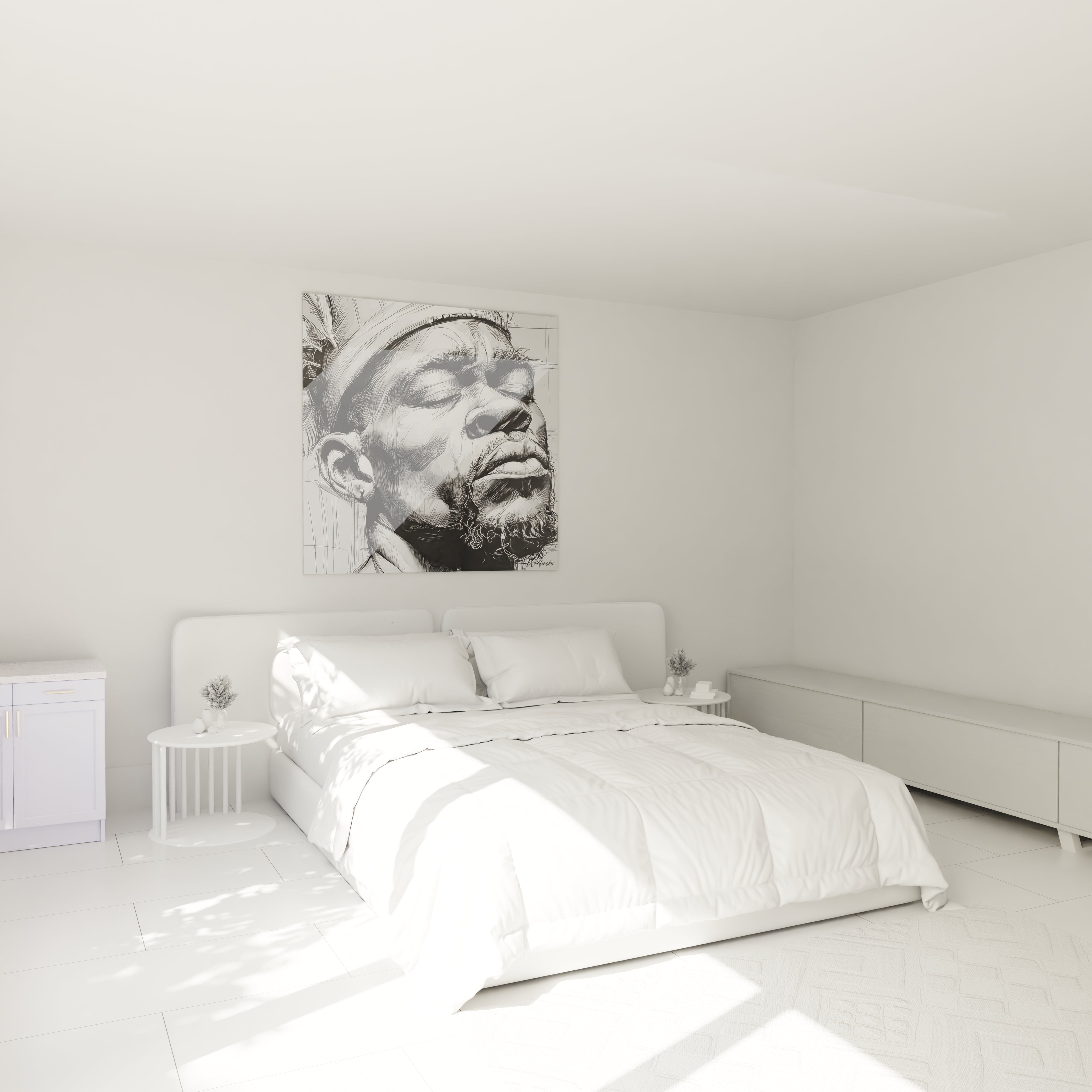 Tableau visage africain de Walensky accroché au-dessus d'un lit dans une chambre lumineuse