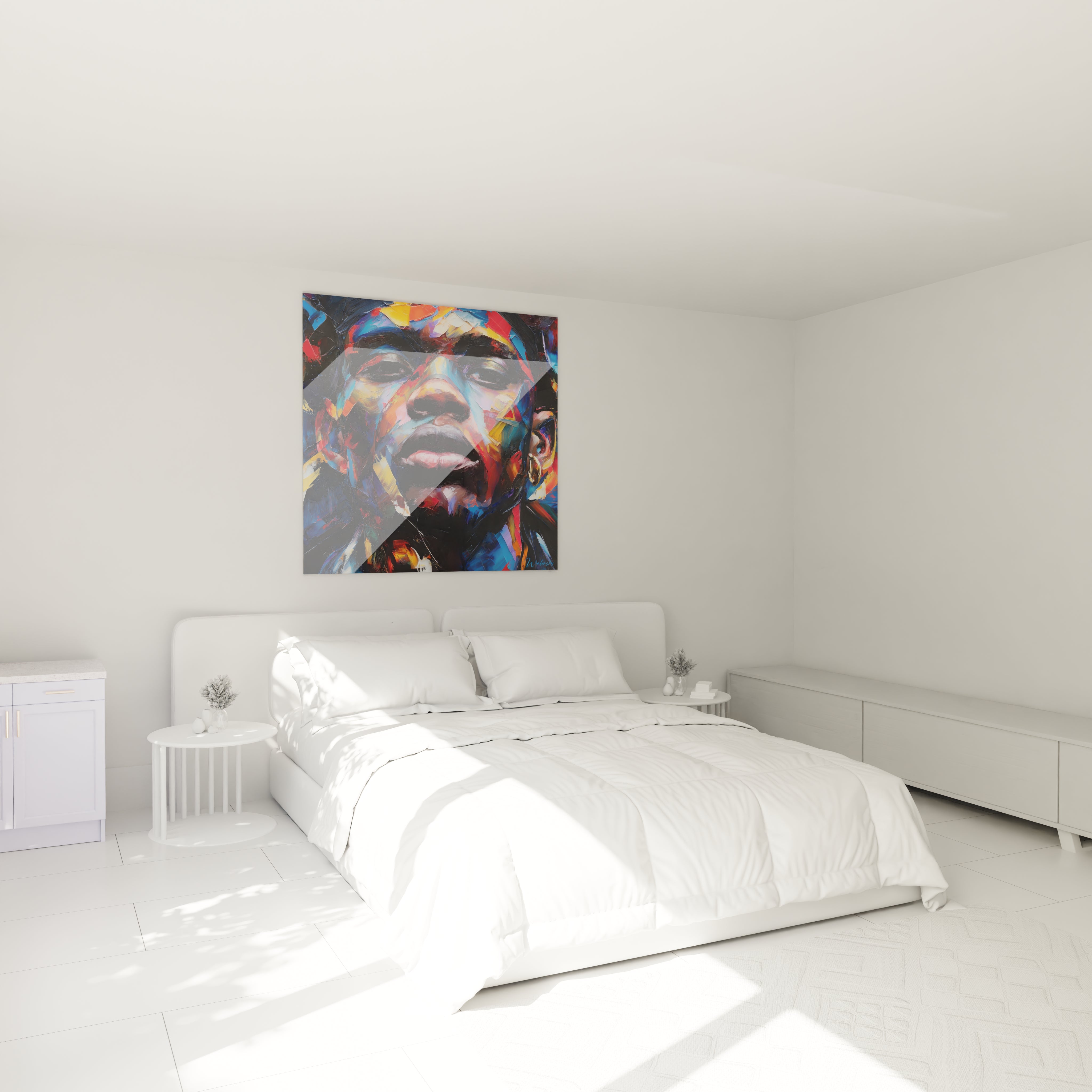 Tableau visage africain coloré de Walensky accroché au mur d'une chambre moderne et lumineuse
