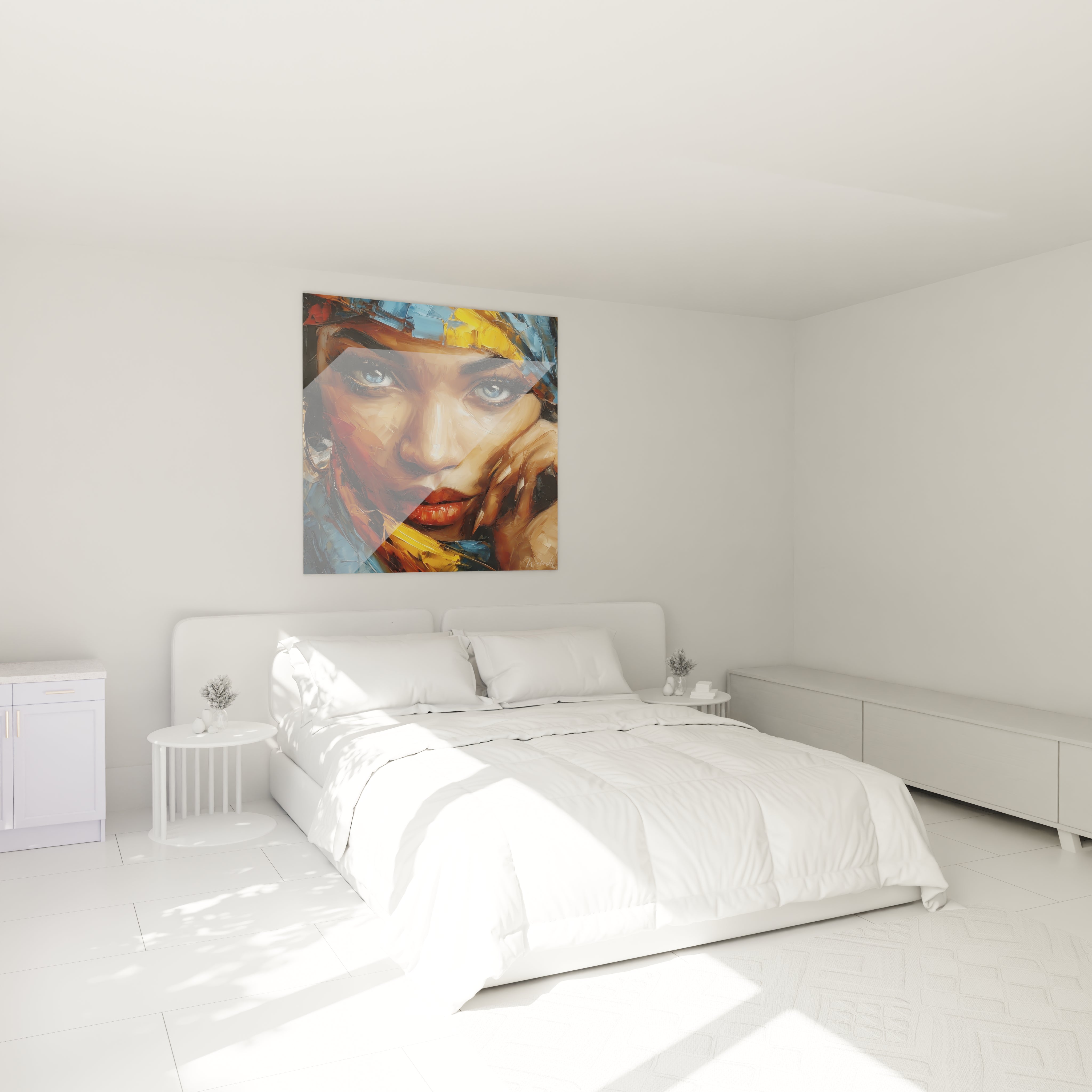 Tableau visage africain contemporain de Walensky décorant une chambre lumineuse et moderne