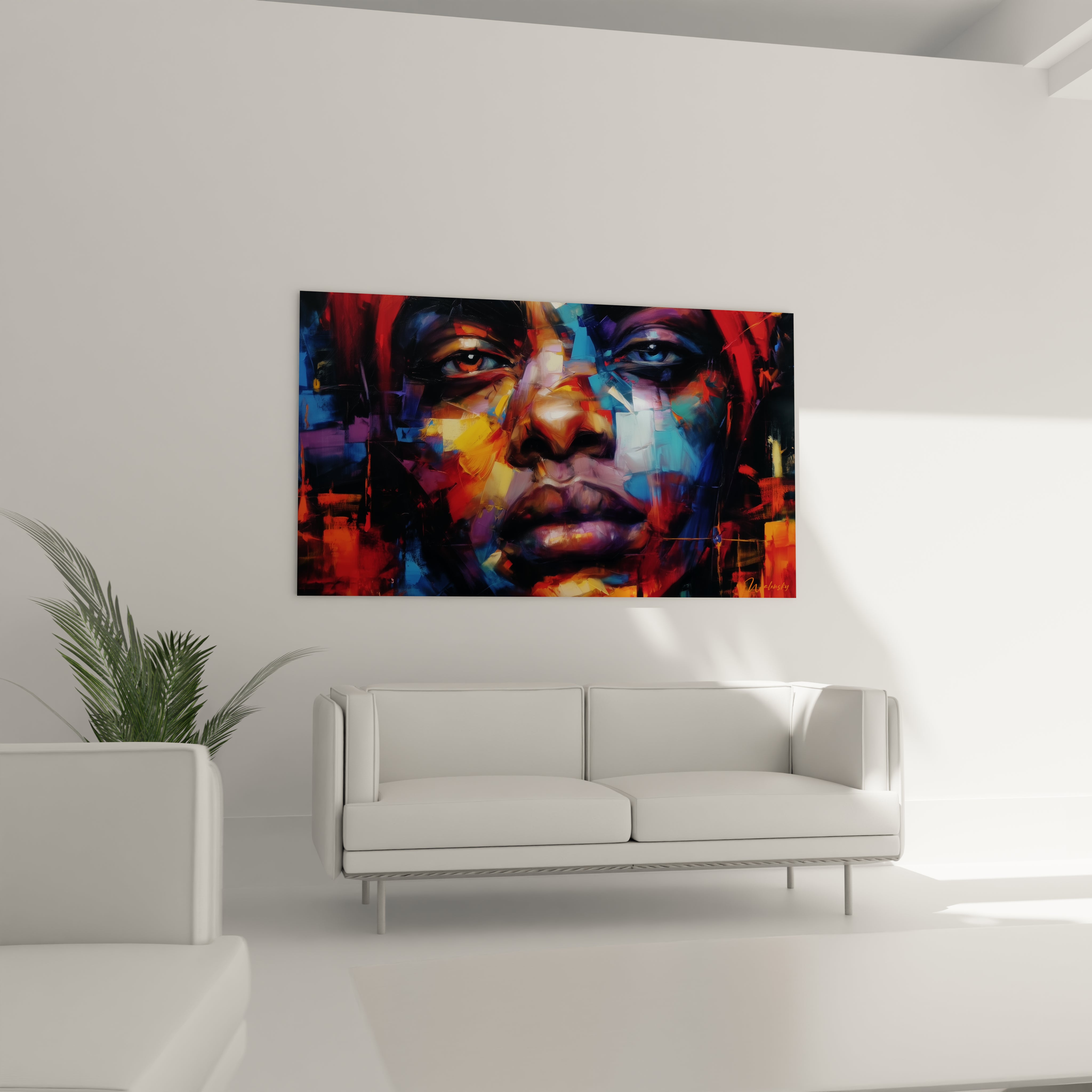 Tableau visage africain contemporain de Walensky avec des couleurs vives dans un salon moderne