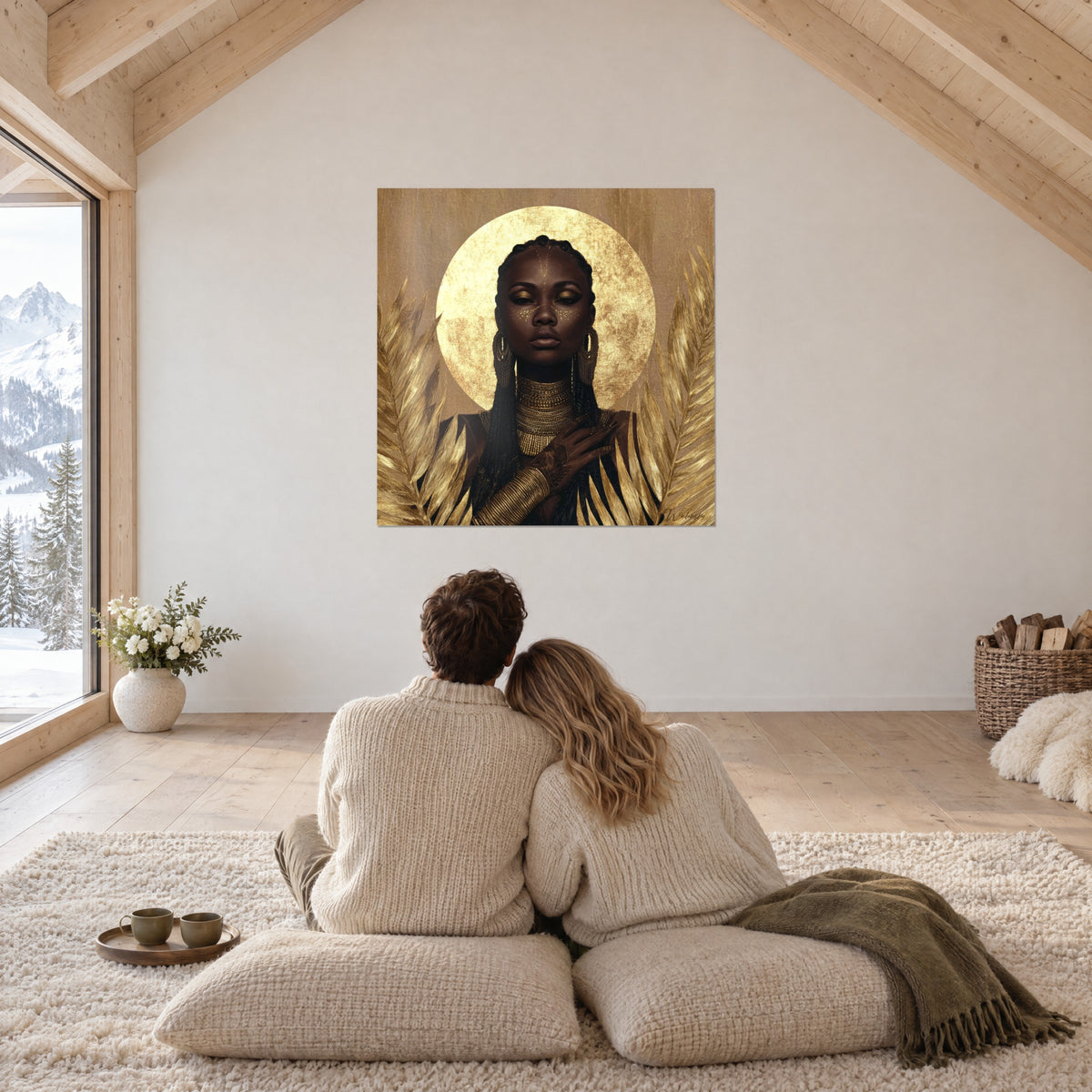 Gemälde Muse mit schweren goldenen Locken, patinierter Goldscheibe und glänzenden Palmwedeln, vor einem sich umarmenden Paar auf Kissen in einem verschneiten Chalet