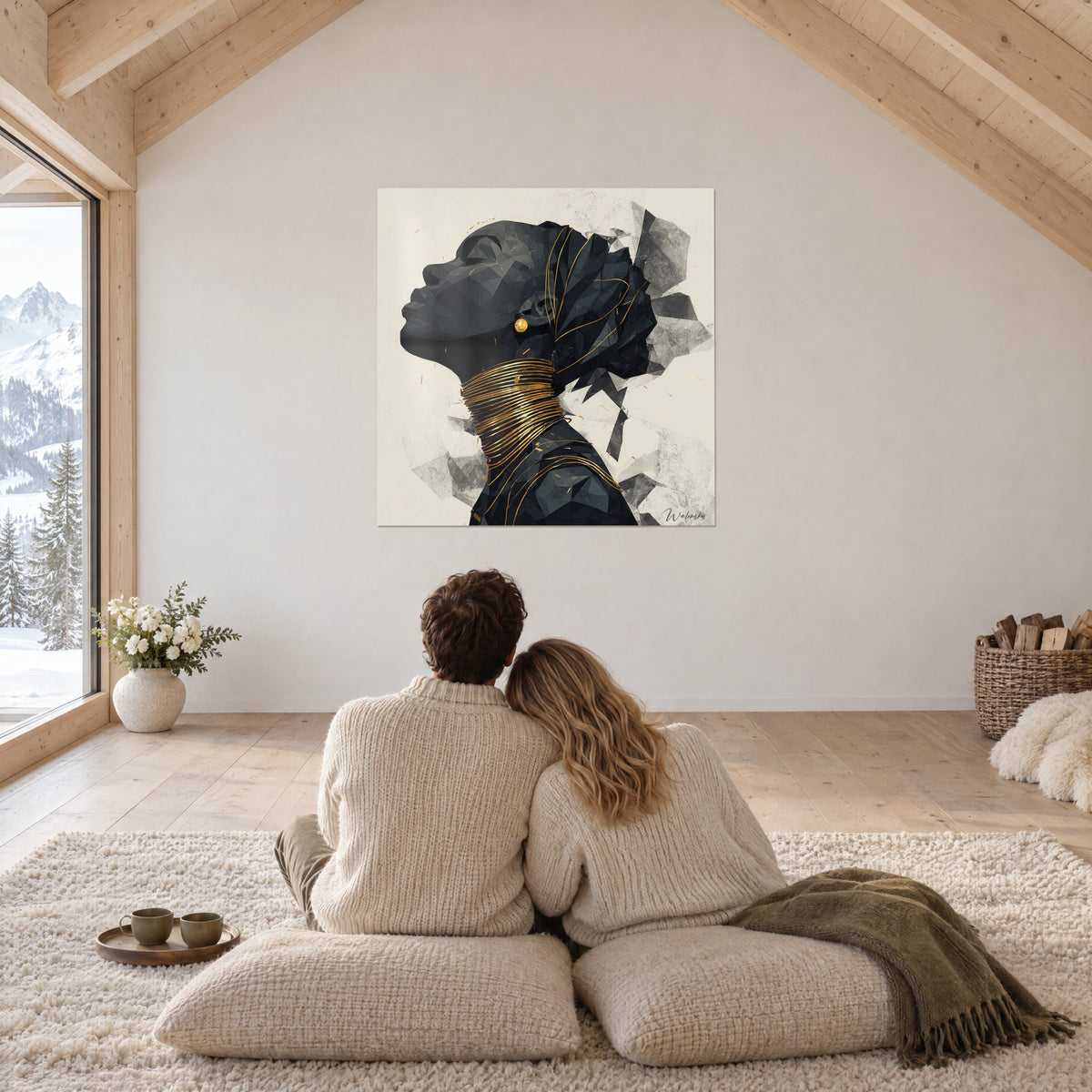 Obraz afrykańska effigie low poly w głębokiej czerni i błyszczącym złocie, szare odłamki, na antresoli chaletu, gdzie para tuli się do siebie