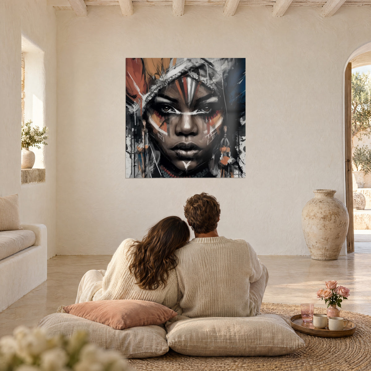 Tableau portrait africain expressif, lèvres sombres, coiffe blanche striée de roux et d'azur, face à un couple assis au sol