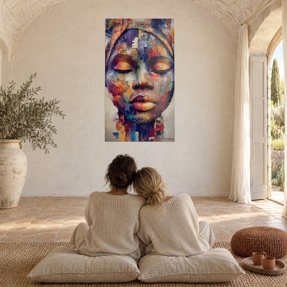 Quadro volto colorato a mosaico di turchese, carminio e giallo zafferano, due persone di spalle sedute su cuscini, casale provenzale
