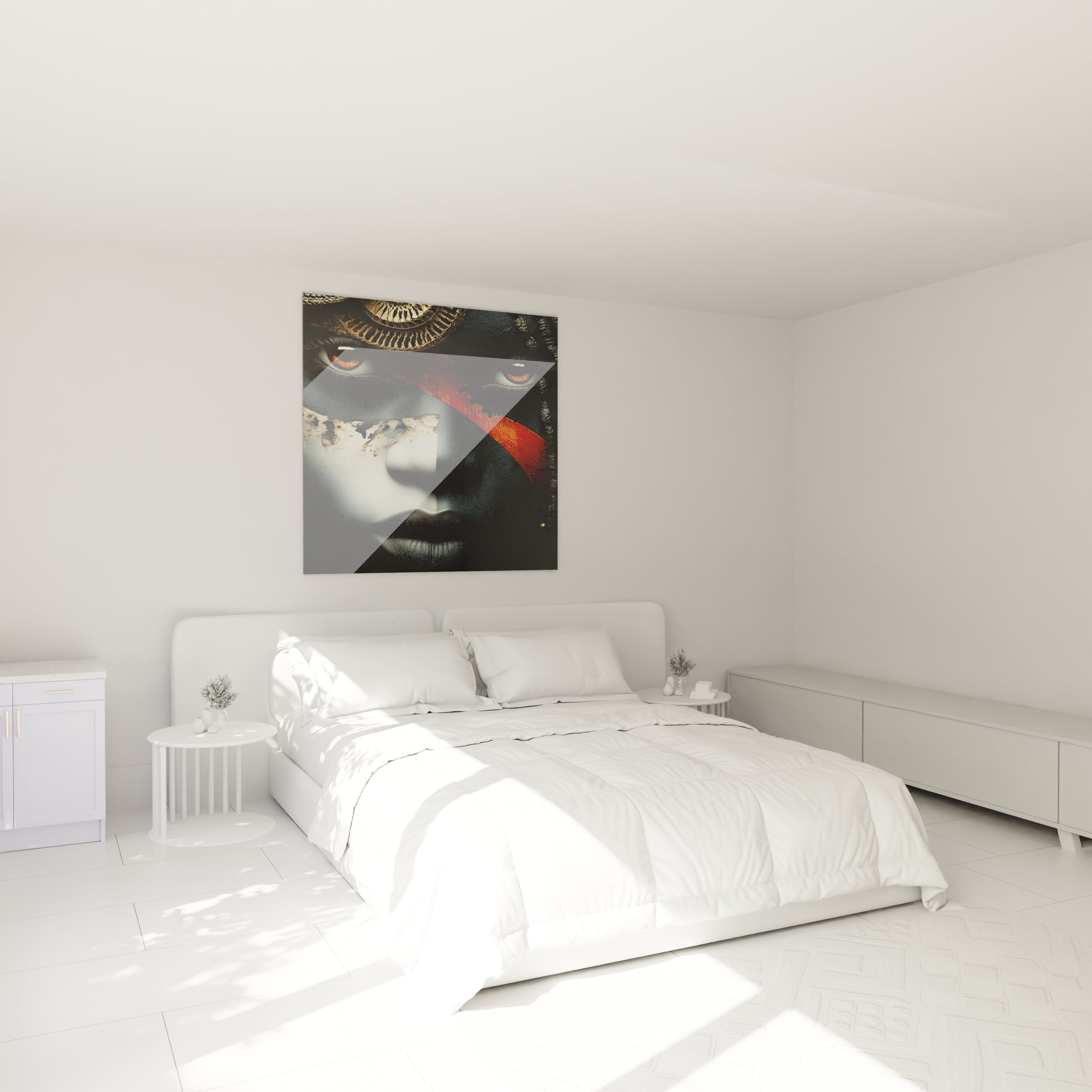 Tableau mural visage africain de Walensky accroché au mur au-dessus d'un lit dans une chambre moderne