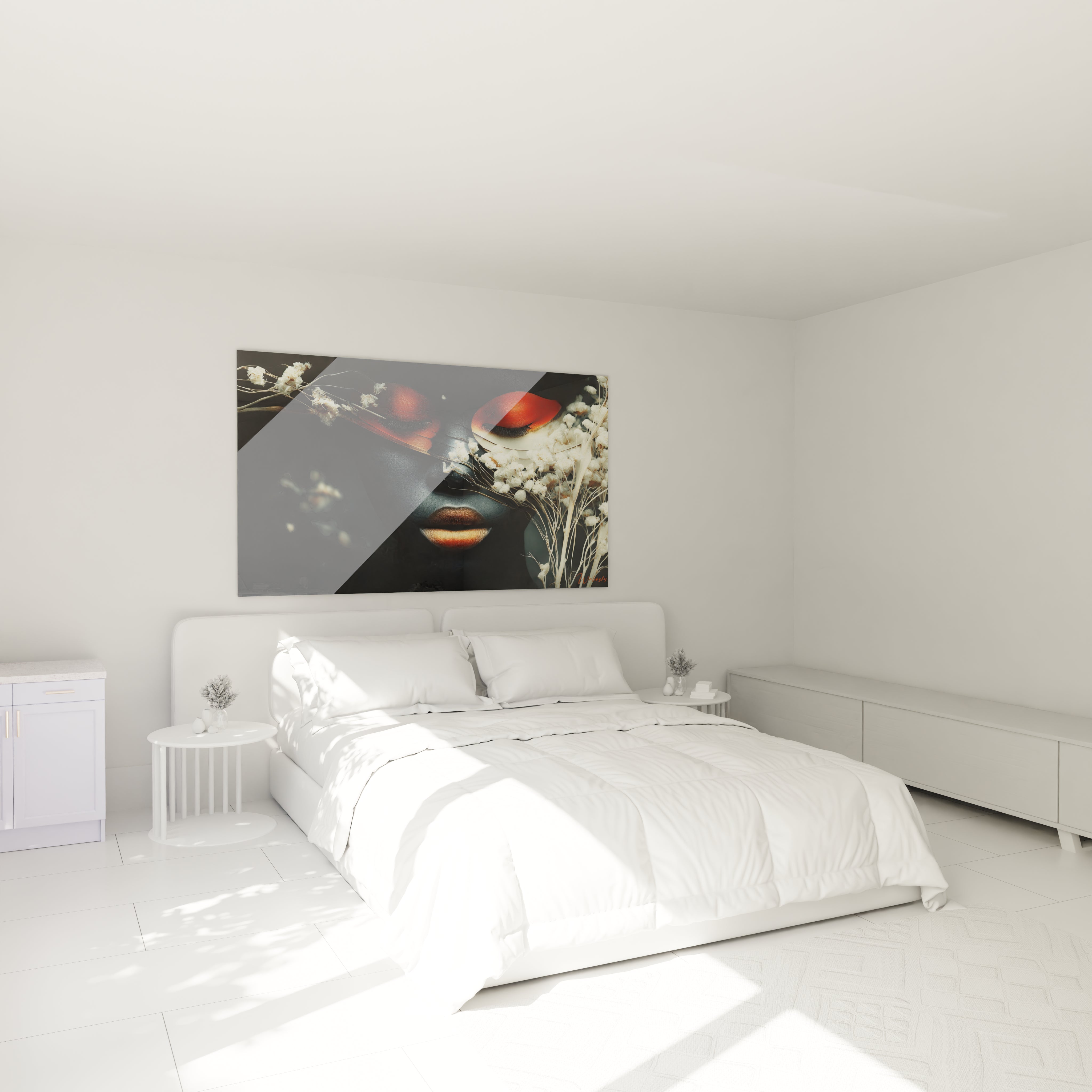 Tableau mural visage africain diamant noir dans une chambre moderne avec un lit blanc