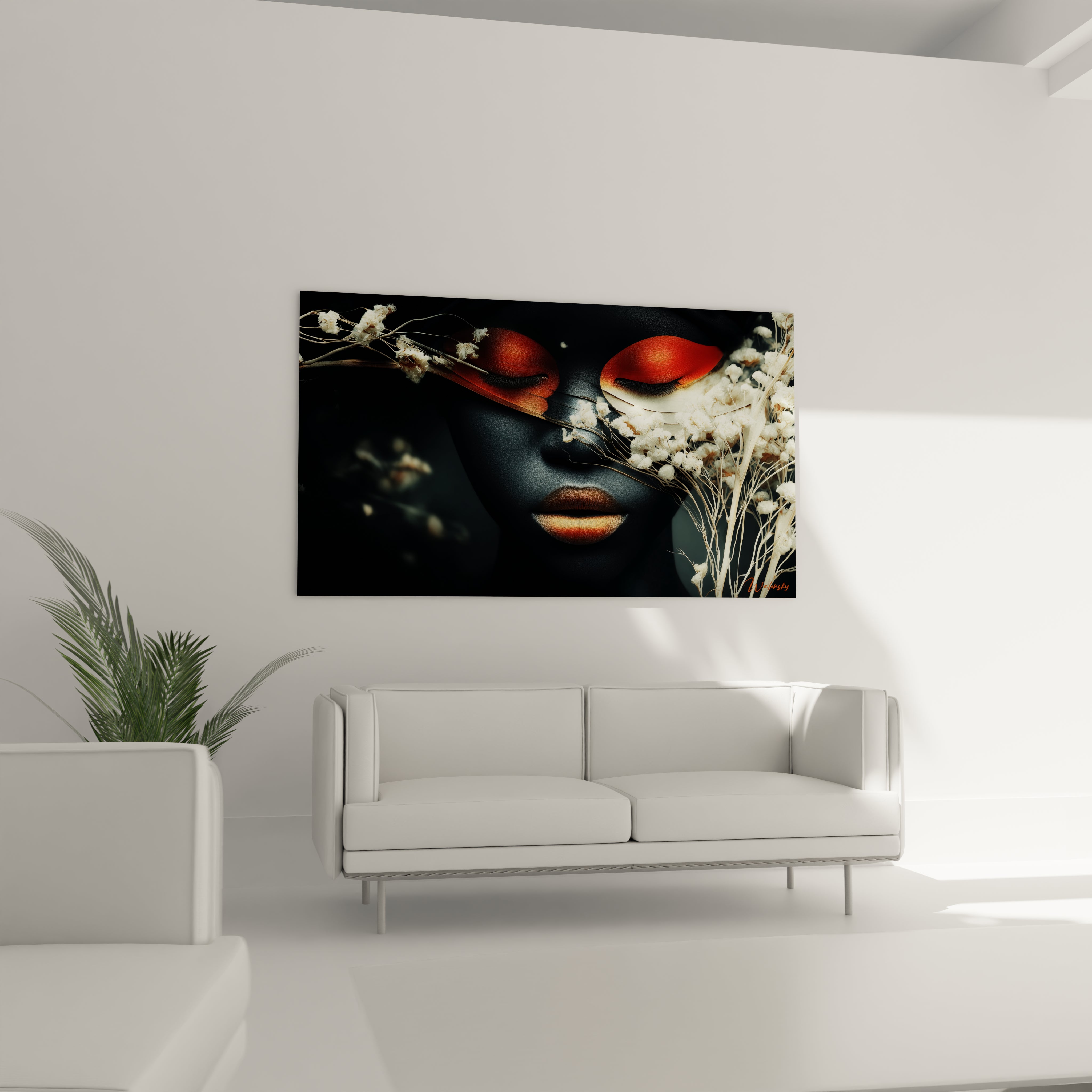 Tableau visage africain diamant noir avec des fleurs blanches en arrière-plan pour une décoration élégante