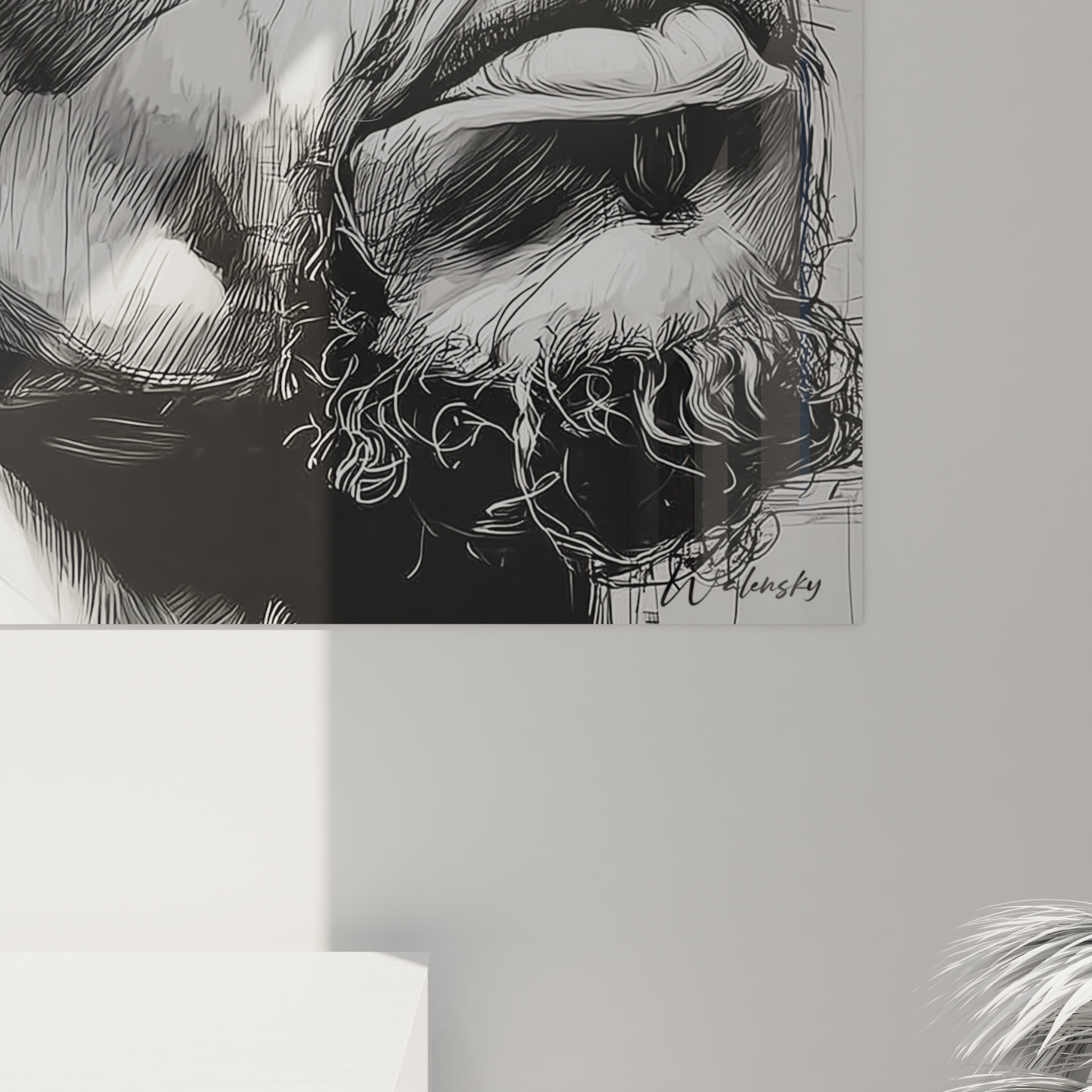 Tableau mural visage africain dessiné par Walensky sur fond noir et blanc