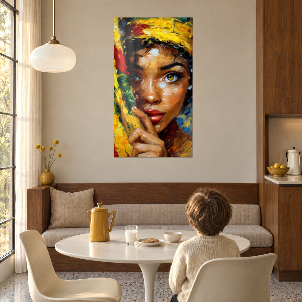Quadro bellezza dagli occhi ambrati nascosta dietro un tessuto rosso e giallo, che un bambino contempla da un tavolo rotondo bianco