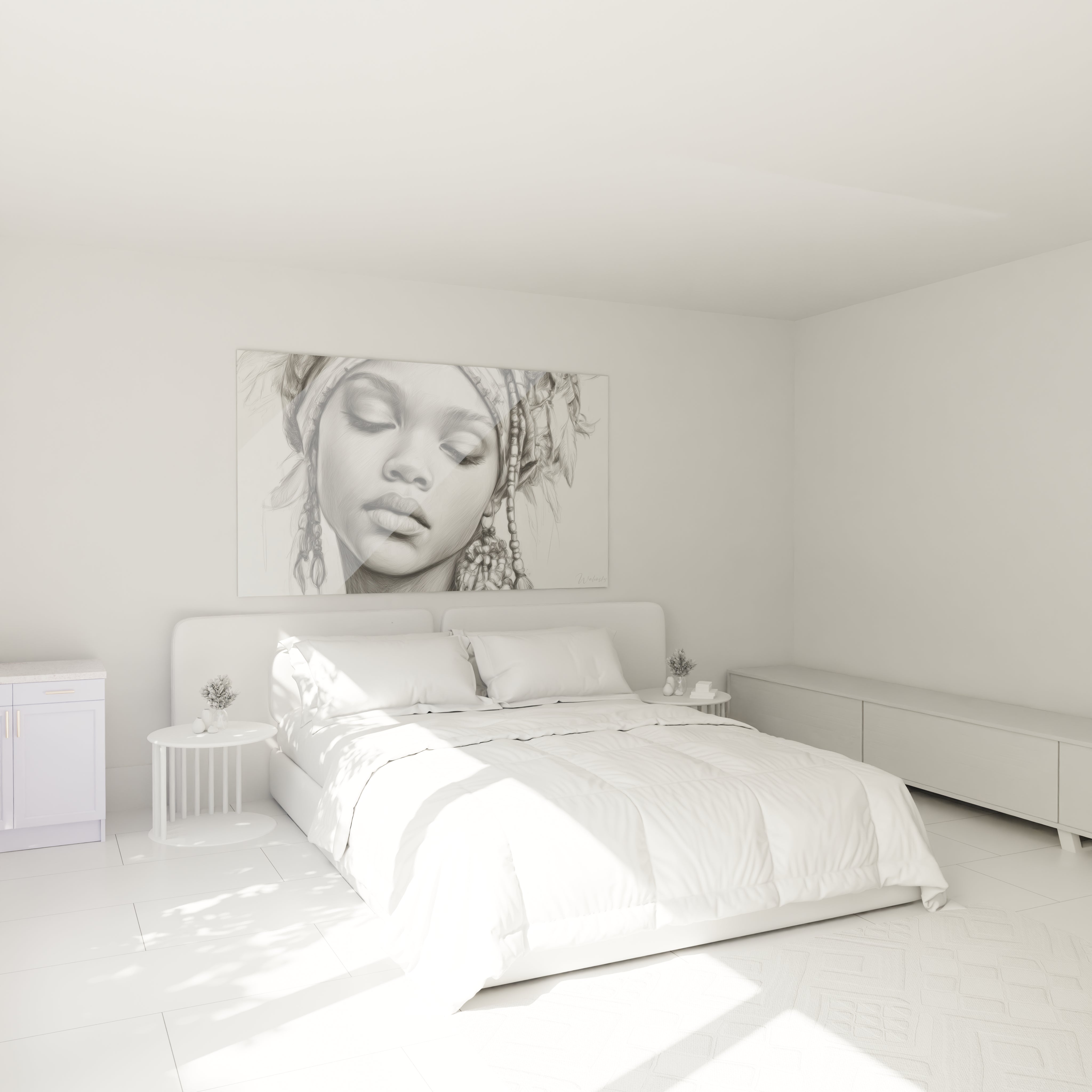 Tableau visage africain de Walensky accroché au mur d'une chambre moderne et lumineuse