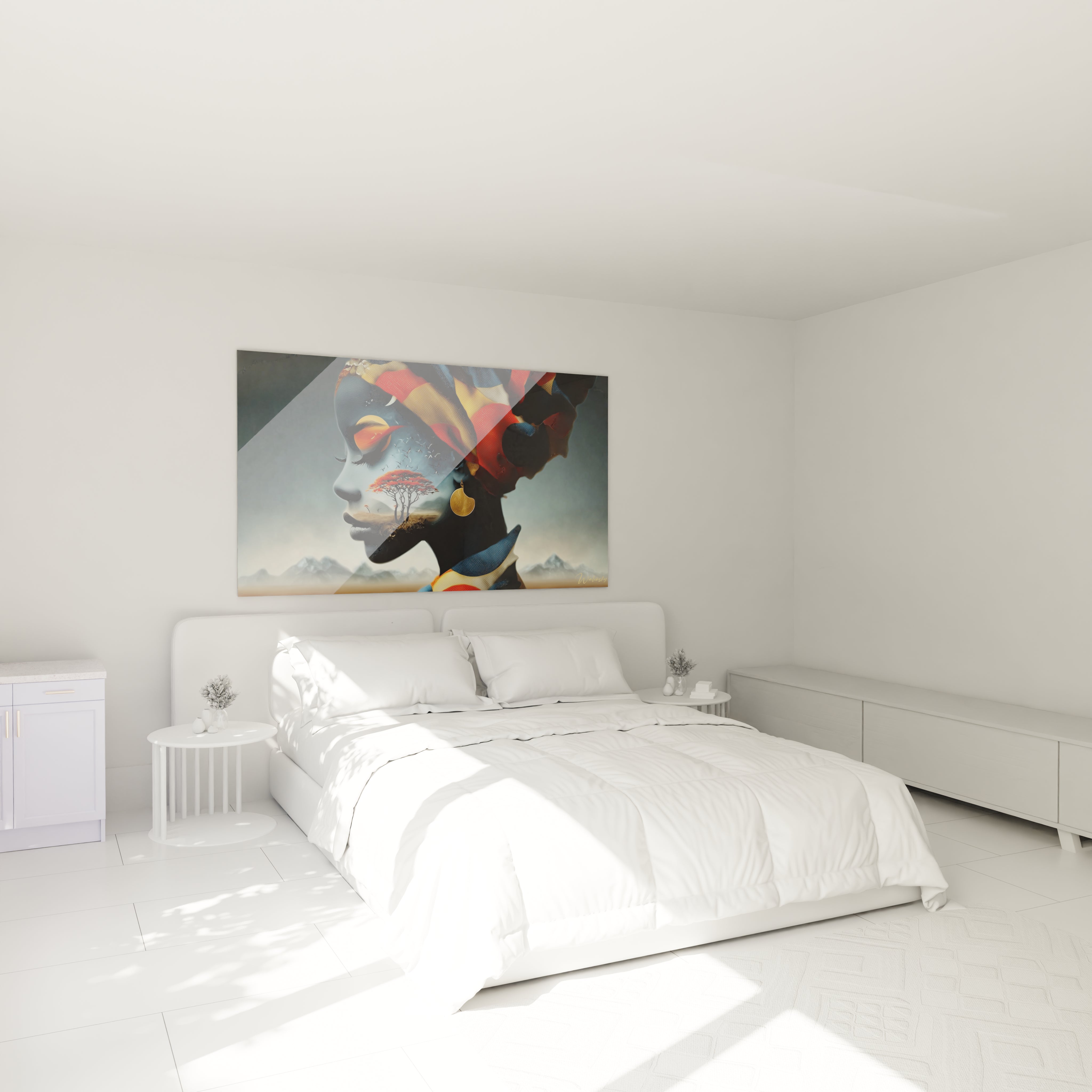 Tableau mural visage africain sur un mur blanc dans une chambre moderne et lumineuse