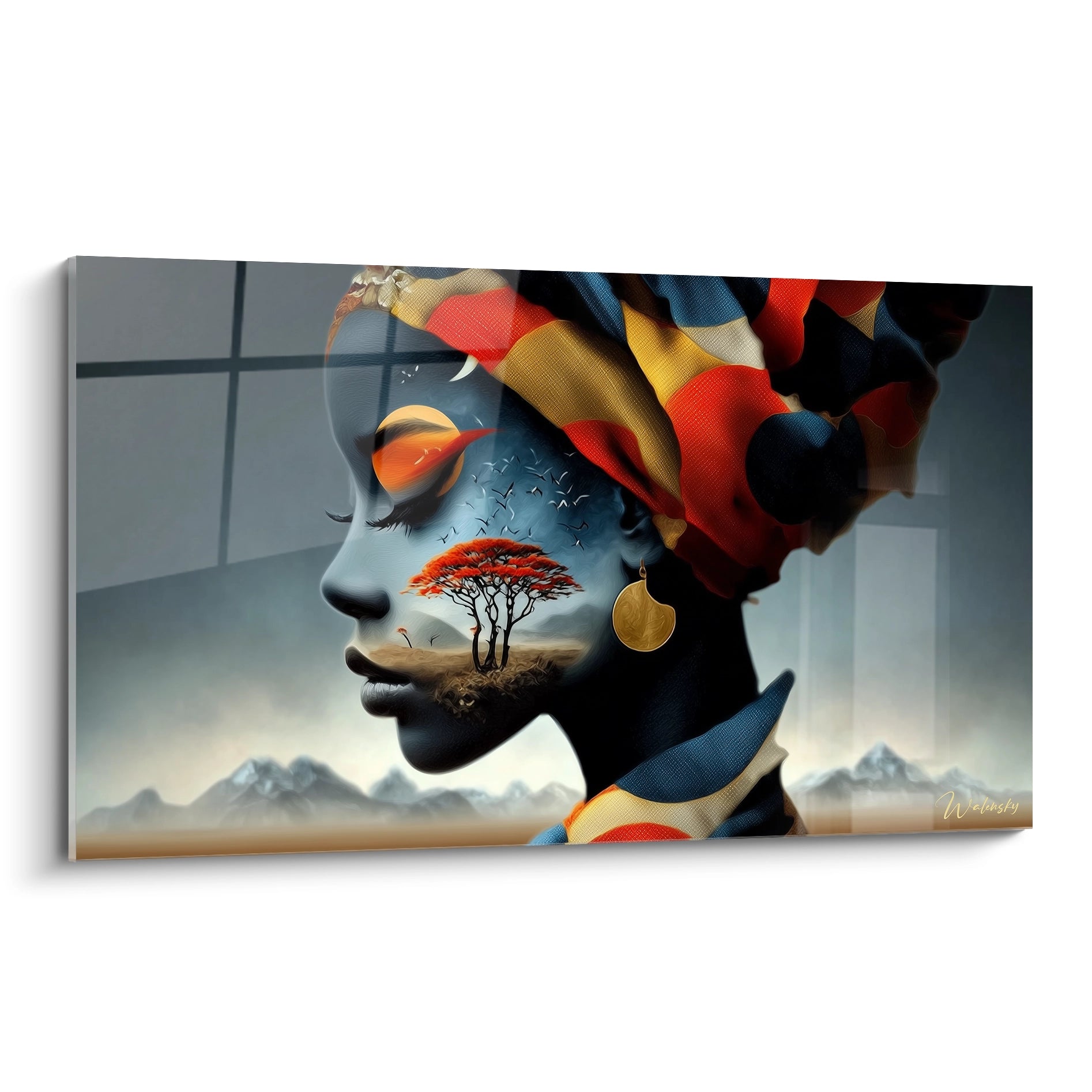 Tableau mural visage africain avec des couleurs vives et un motif de paysage stylisé
