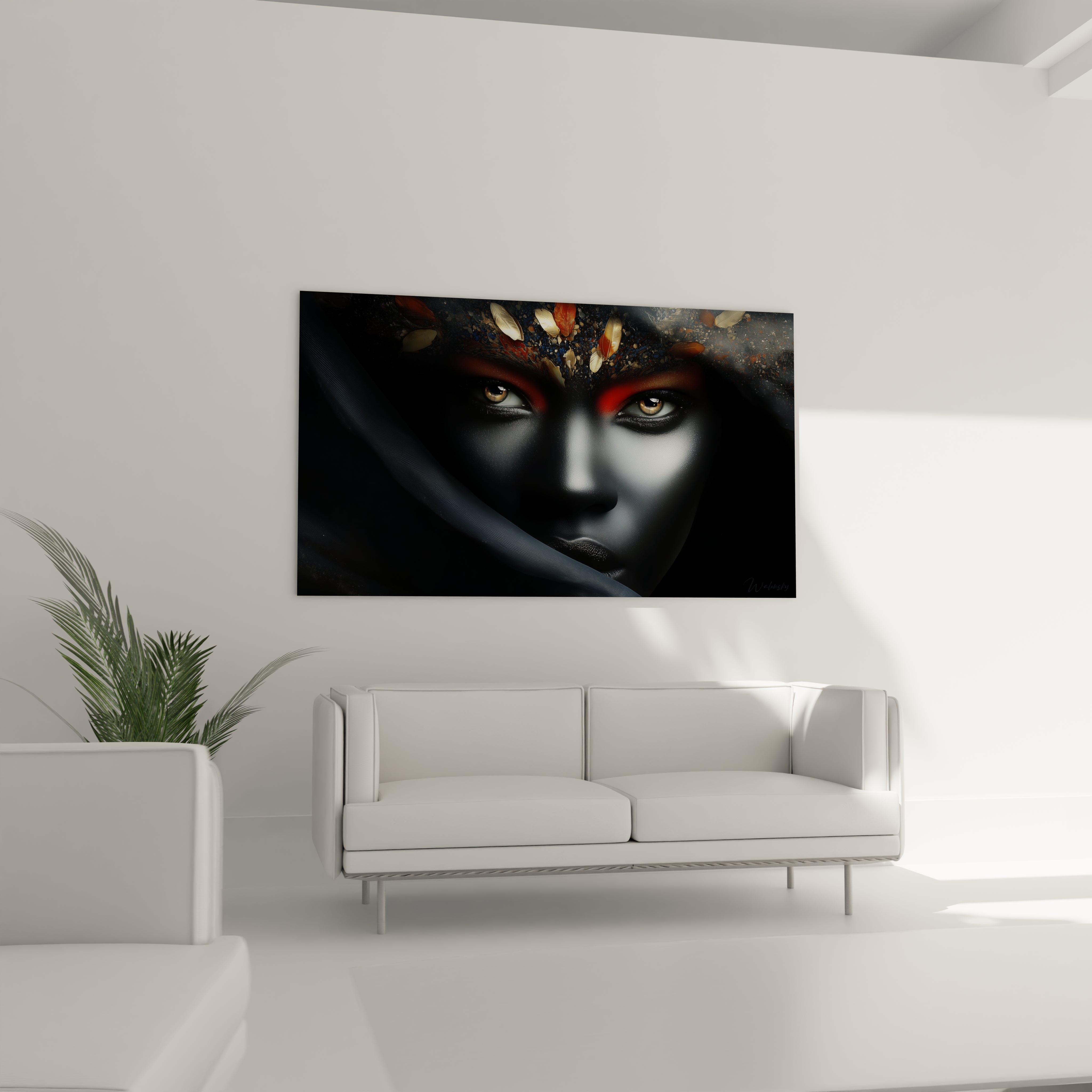 Tableau visage africain contemporain avec des couleurs vibrantes et un design captivant pour la décoration intérieure