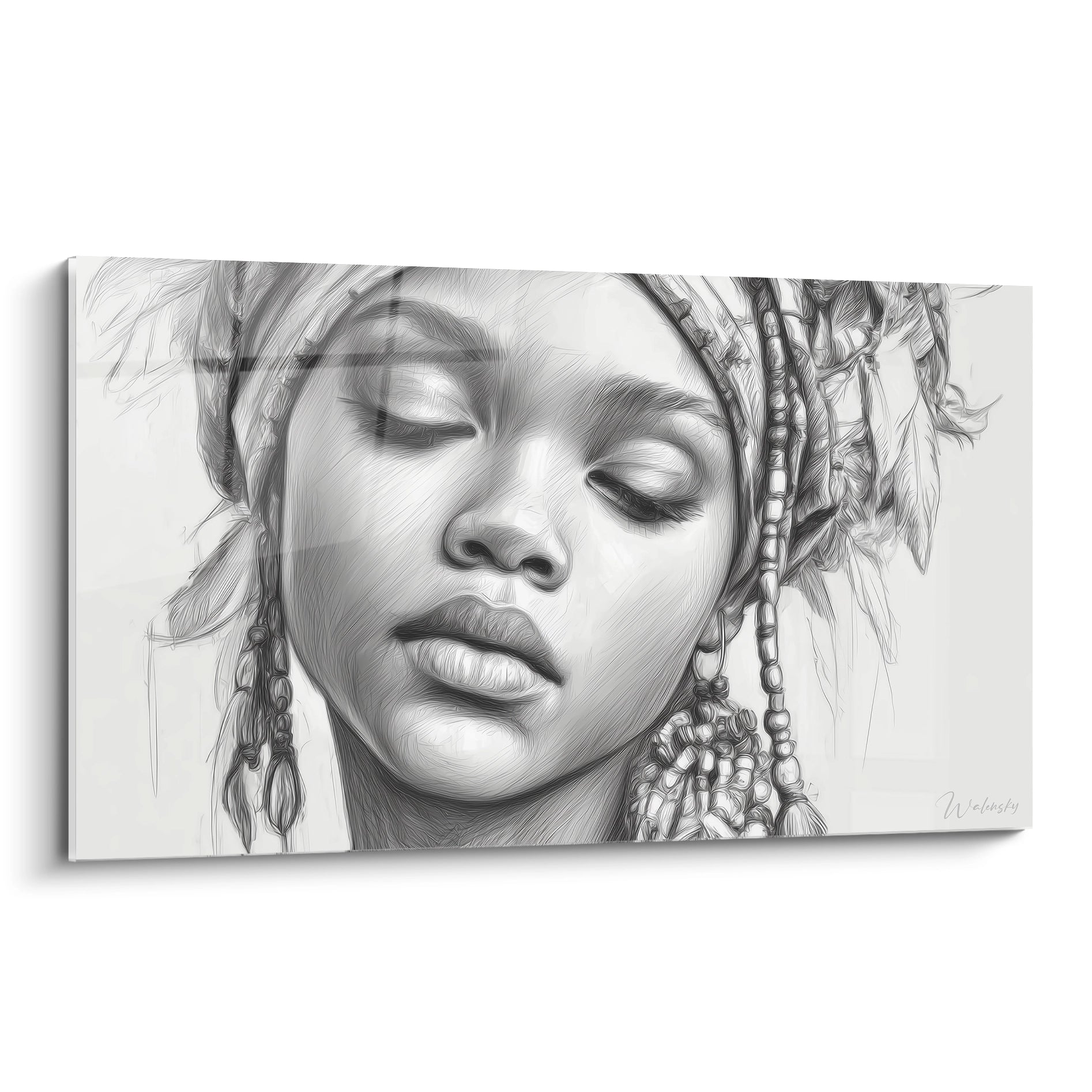 Tableau mural visage africain en noir et blanc avec des détails artistiques et des plumes décoratives