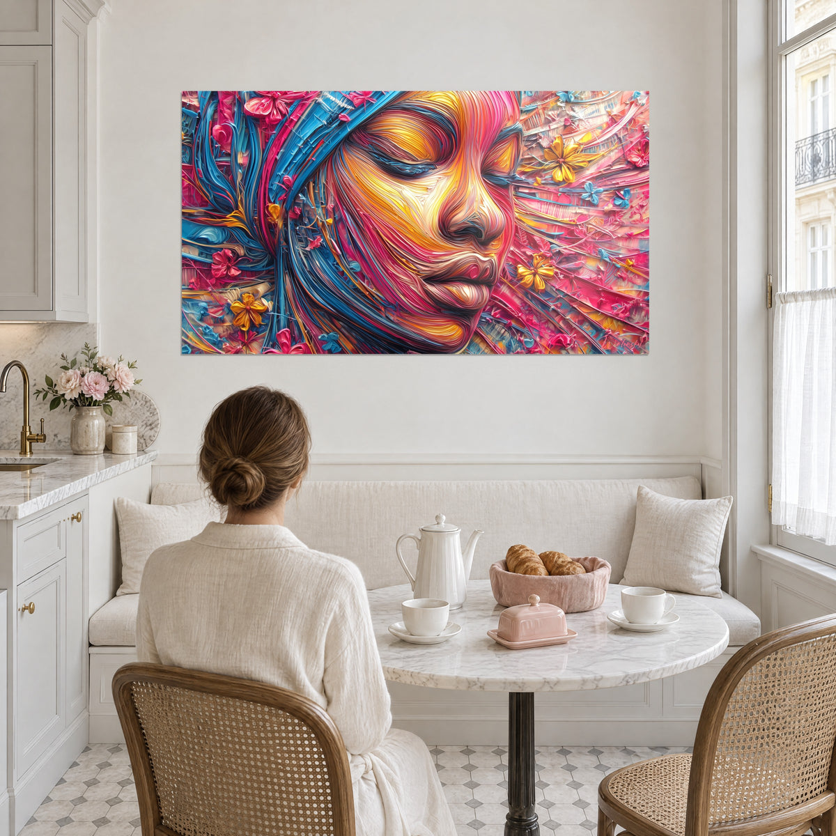 Cuadro rostro femenino en relieve de pasta rosa, amarilla y azul, flores ámbar, encima de una banqueta en una cocina blanca