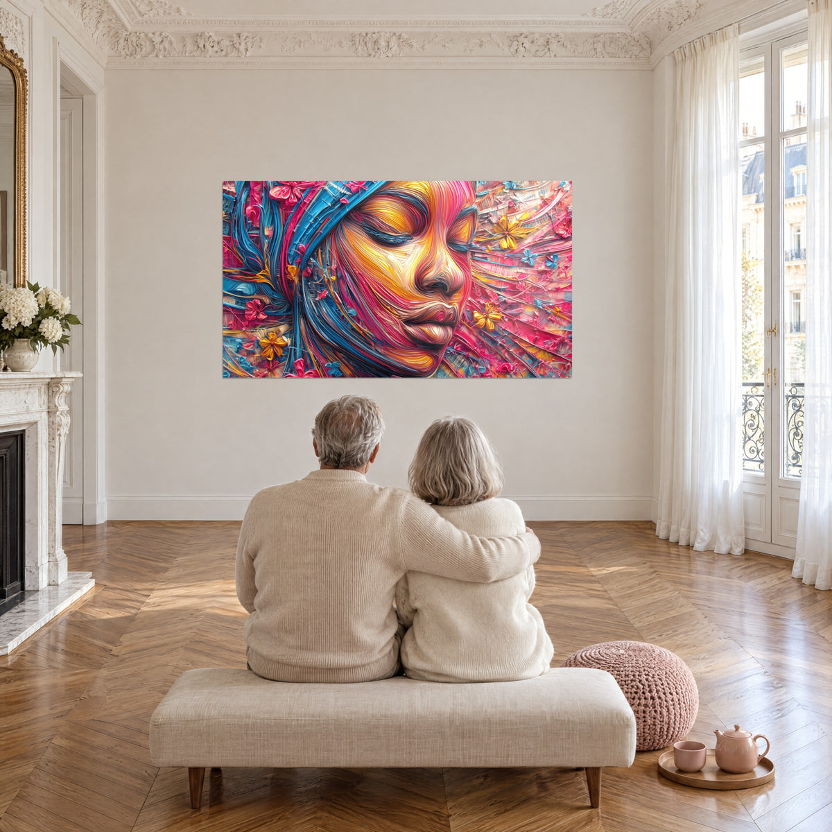 Cuadro figura femenina meditativa, espirales de pigmentos coral y azul pato, flores amarillas, frente a una pareja en un salón vacío