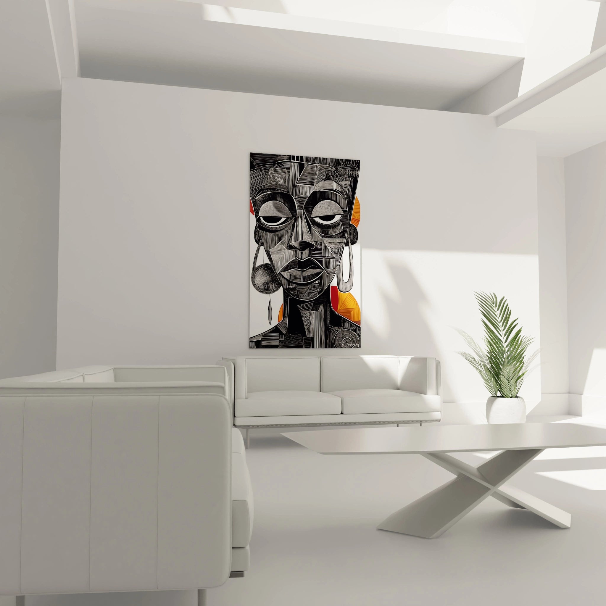 Tableau africain mural Walensky représentant un rhinocéros en style artistique dans un salon moderne