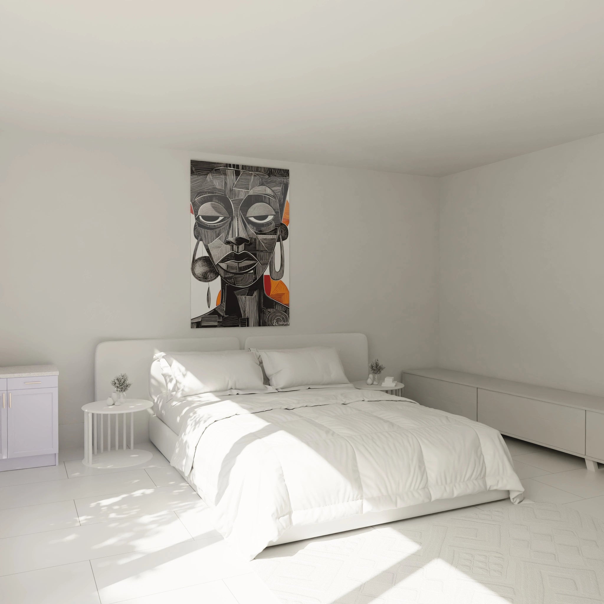 Tableau africain mural Walensky représentant des scènes culturelles africaines dans une chambre lumineuse au design minimaliste