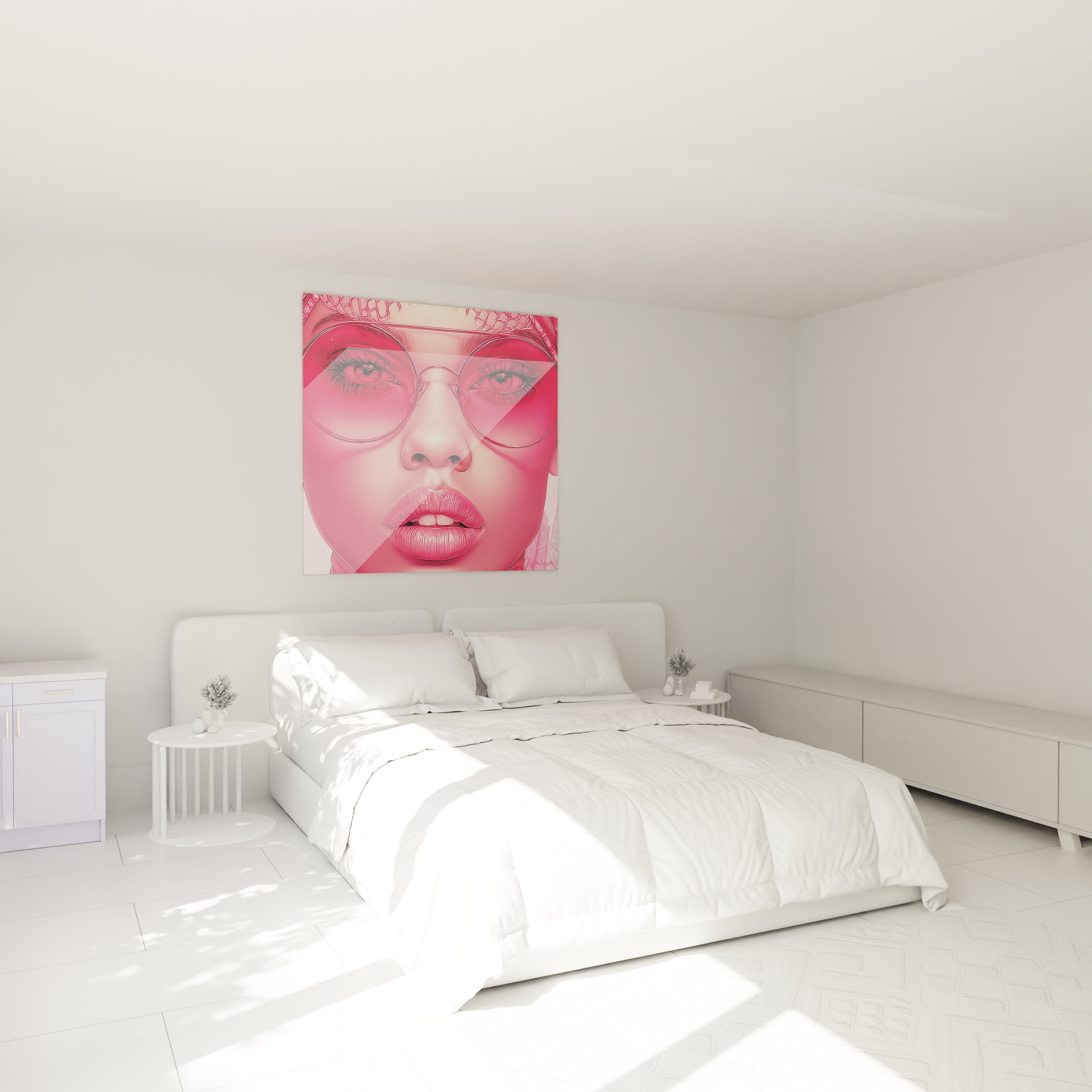 Tableau mural visage africain moderne en rose accroché au-dessus d'un lit dans une chambre lumineuse