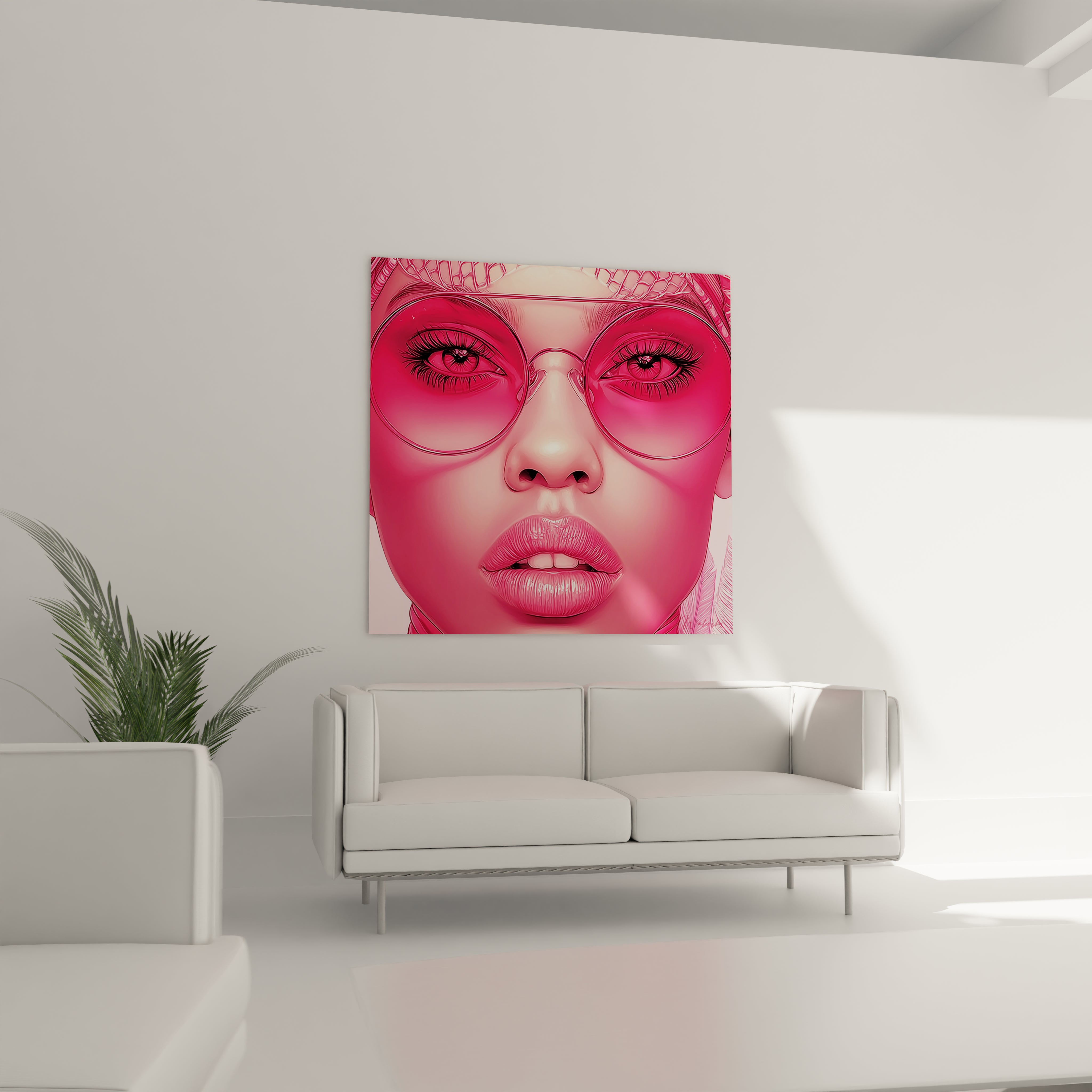 Tableau visage africain moderne avec des lunettes roses, ajoutant une touche contemporaine à la décoration intérieure