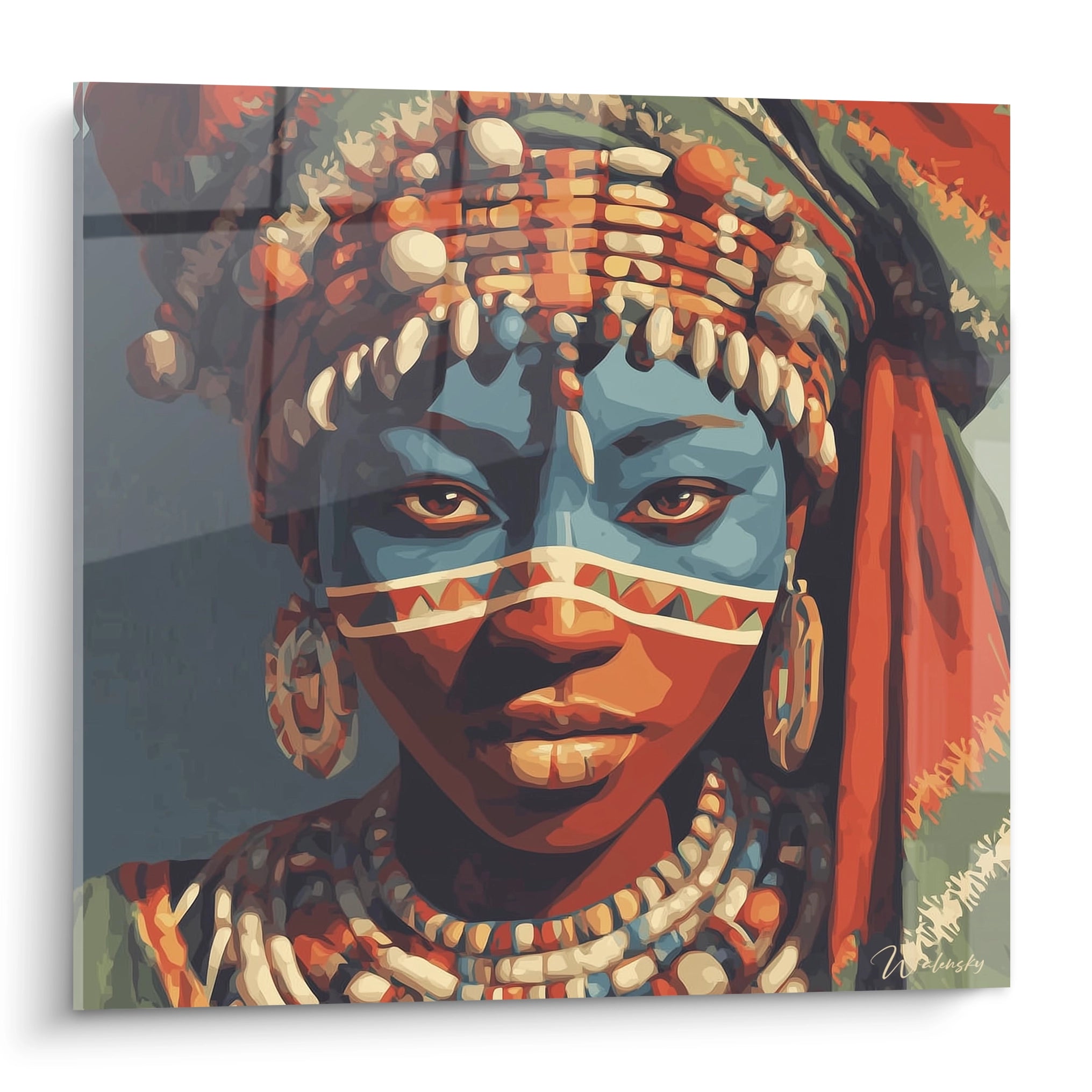 Tableau visage africain moderne de Walensky mettant en avant des couleurs vives et des détails culturels.