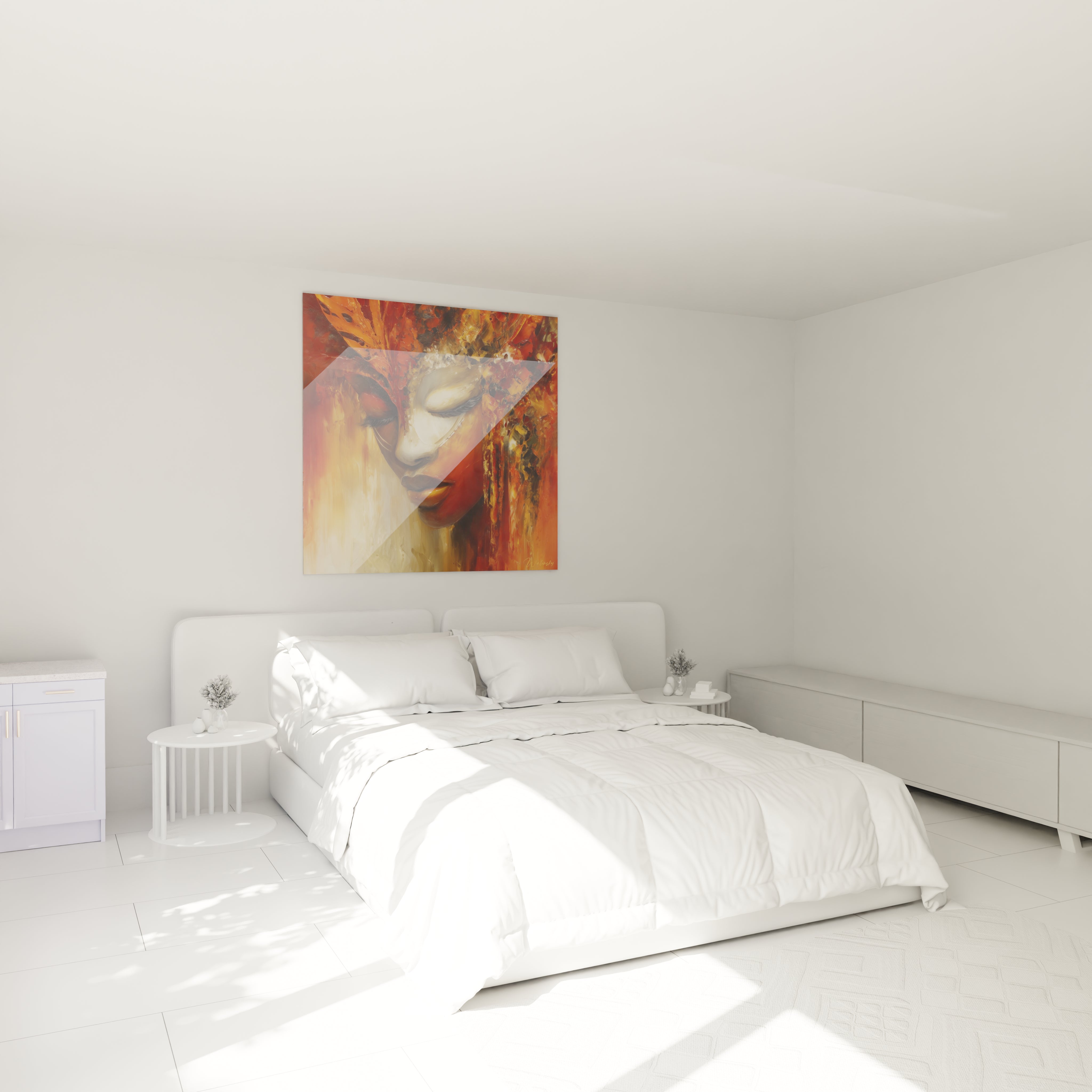 Tableau visage africain moderne en toile, ajoutant une touche artistique à une chambre minimaliste