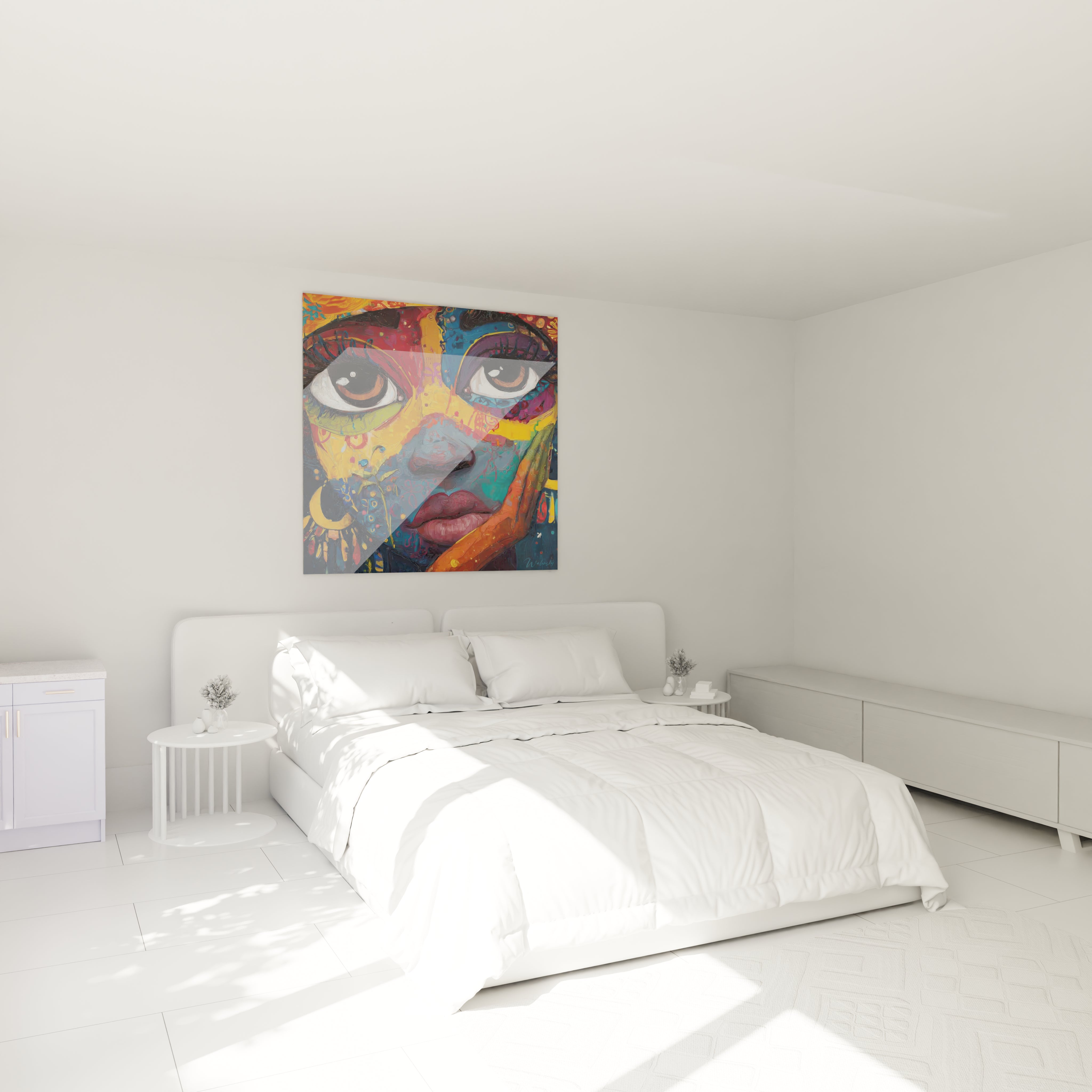 Tableau visage africain moderne suspendu dans une chambre avec un lit et des meubles minimalistes