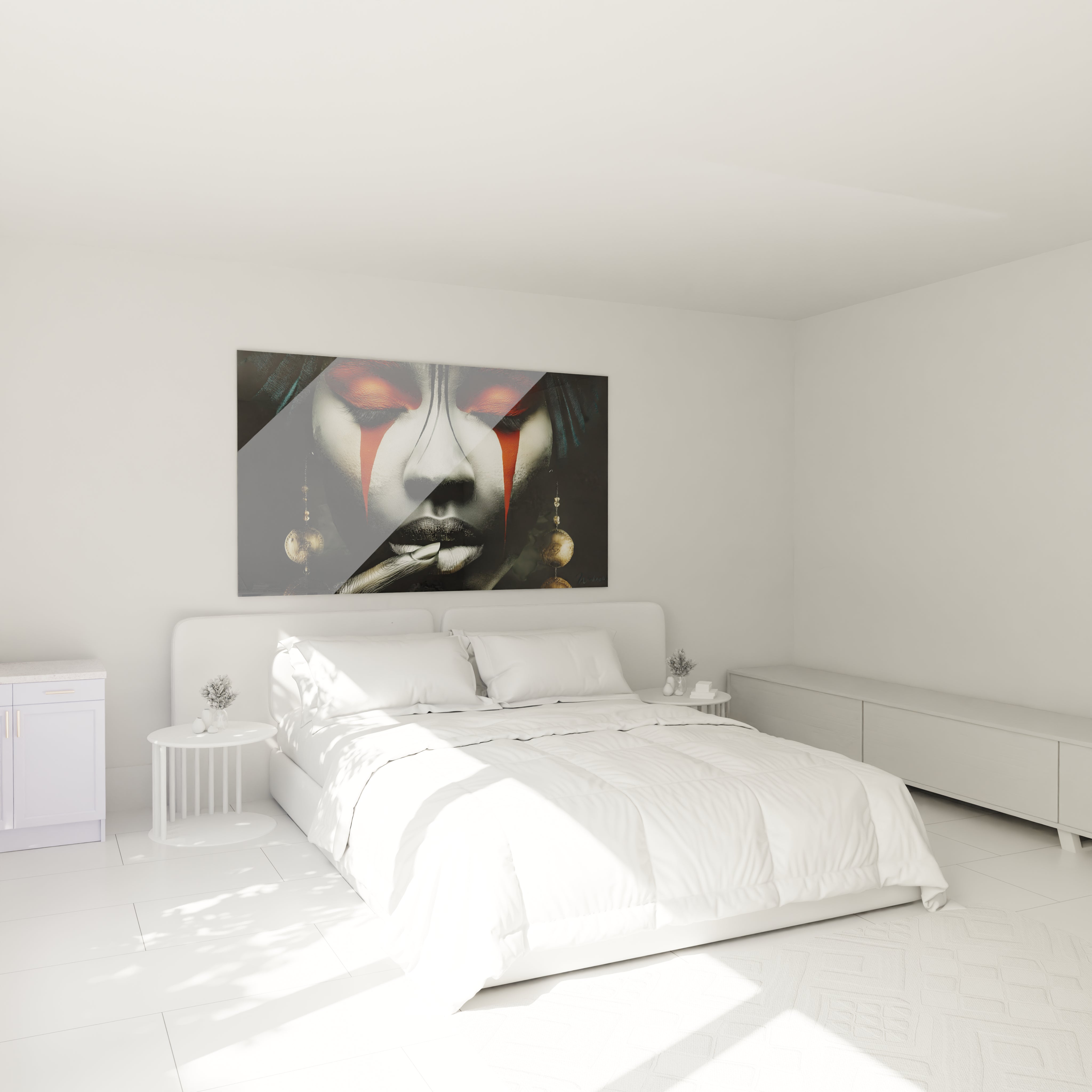 Tableau visage africain moderne de Walensky accroché au mur d'une chambre lumineuse et moderne