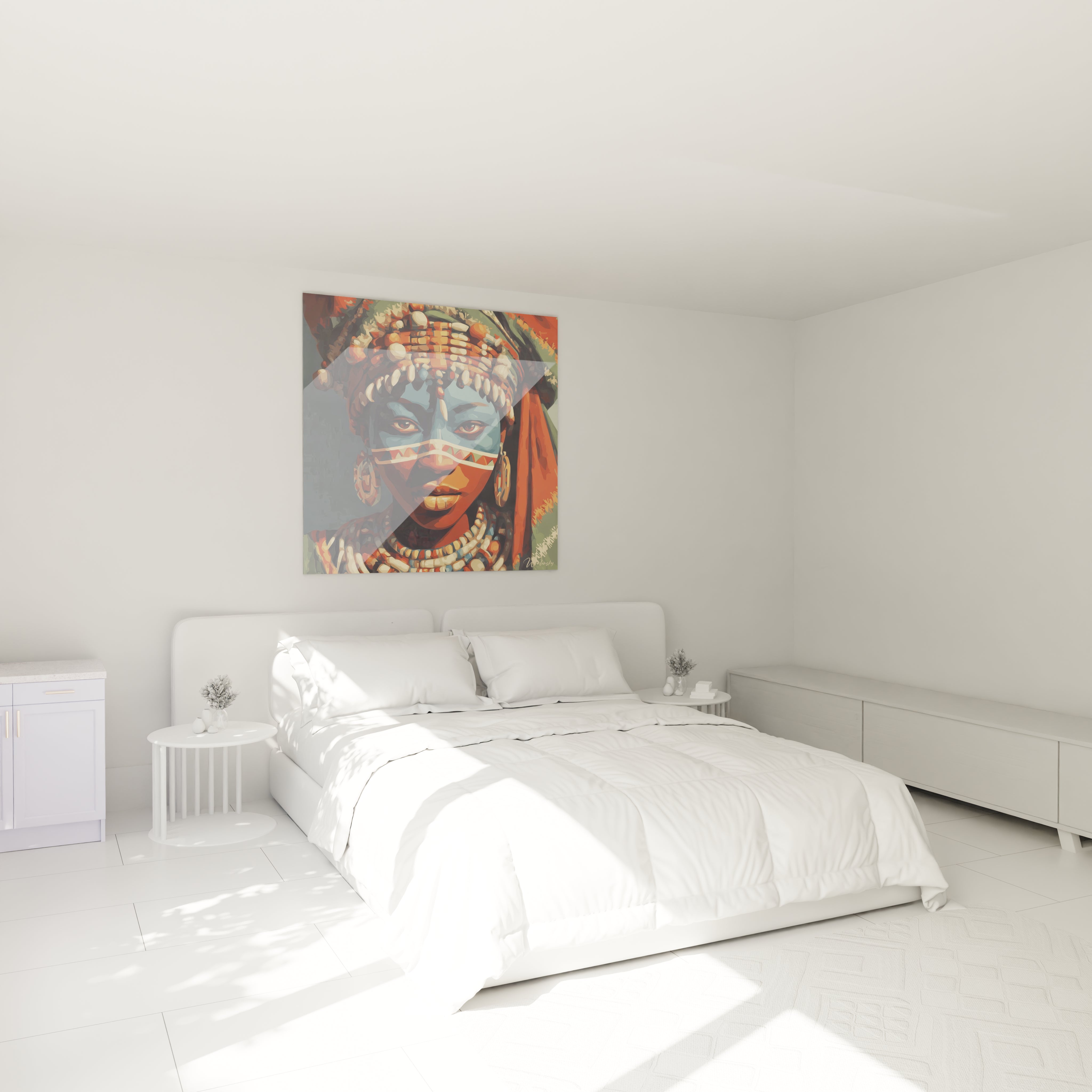 Tableau visage africain moderne de Walensky accroché au mur d'une chambre lumineuse et minimaliste