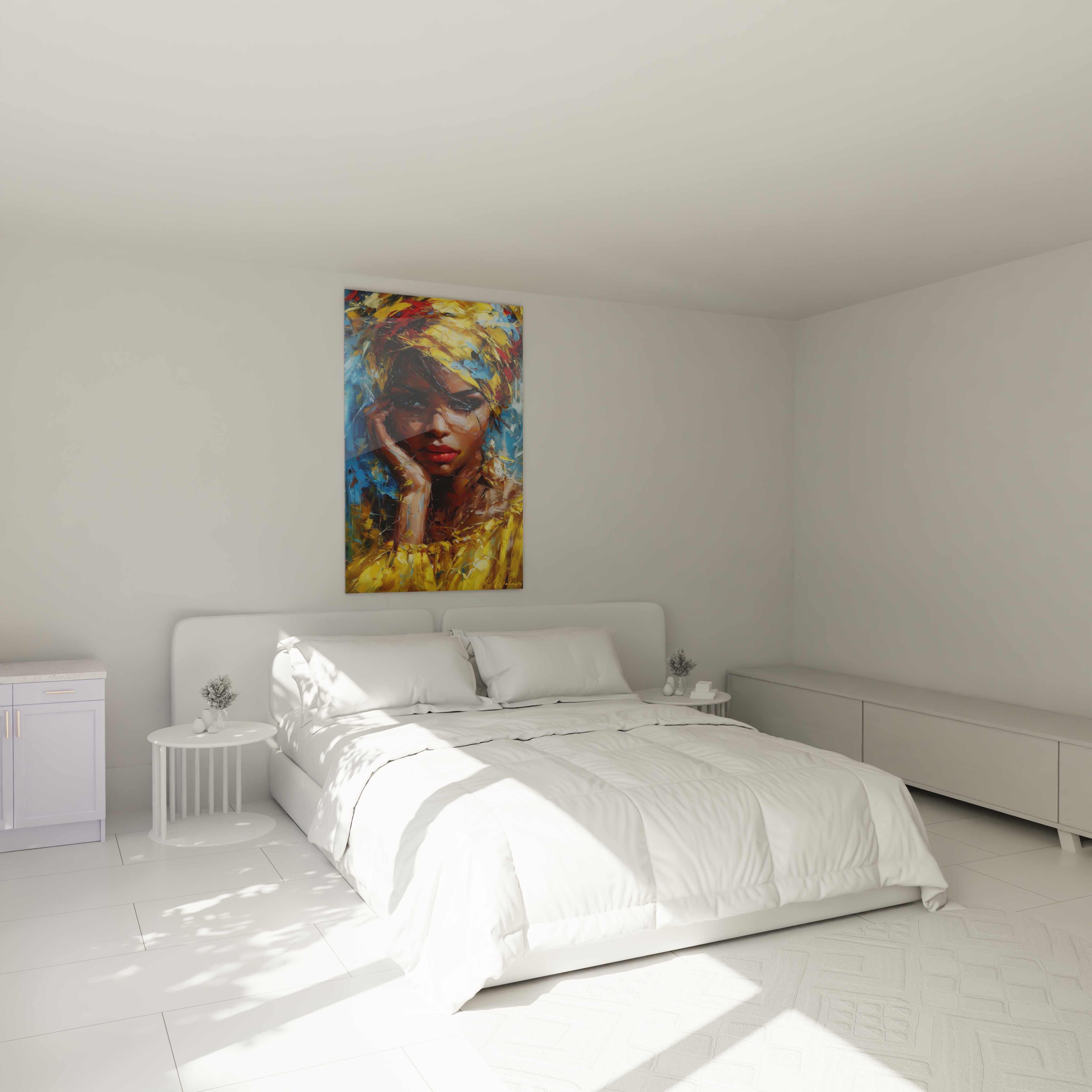 Tableau visage africain moderne de Walensky accroché au mur d'une chambre lumineuse et minimaliste