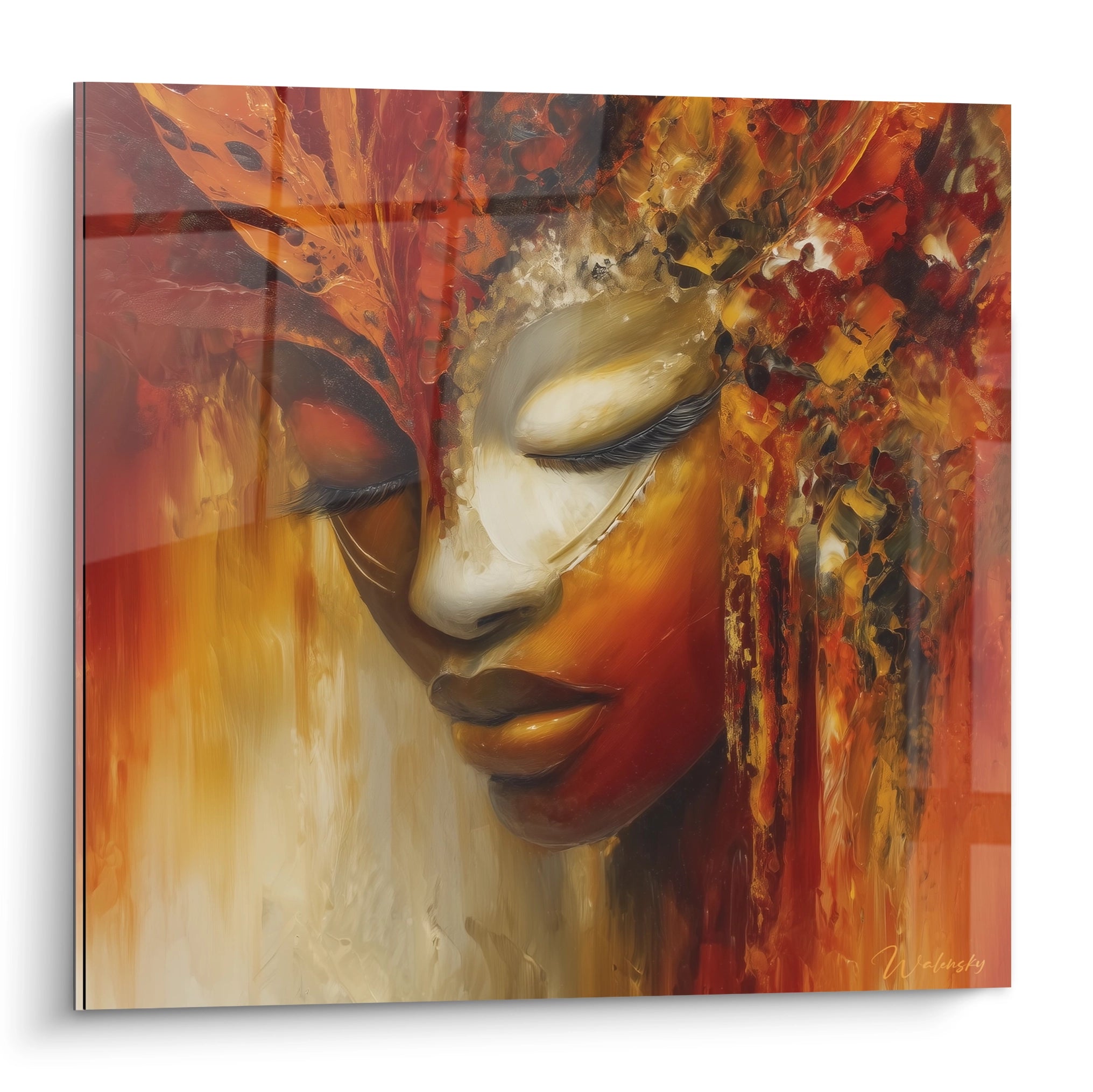 Tableau visage africain moderne avec des couleurs chaudes et des motifs artistiques vibrants