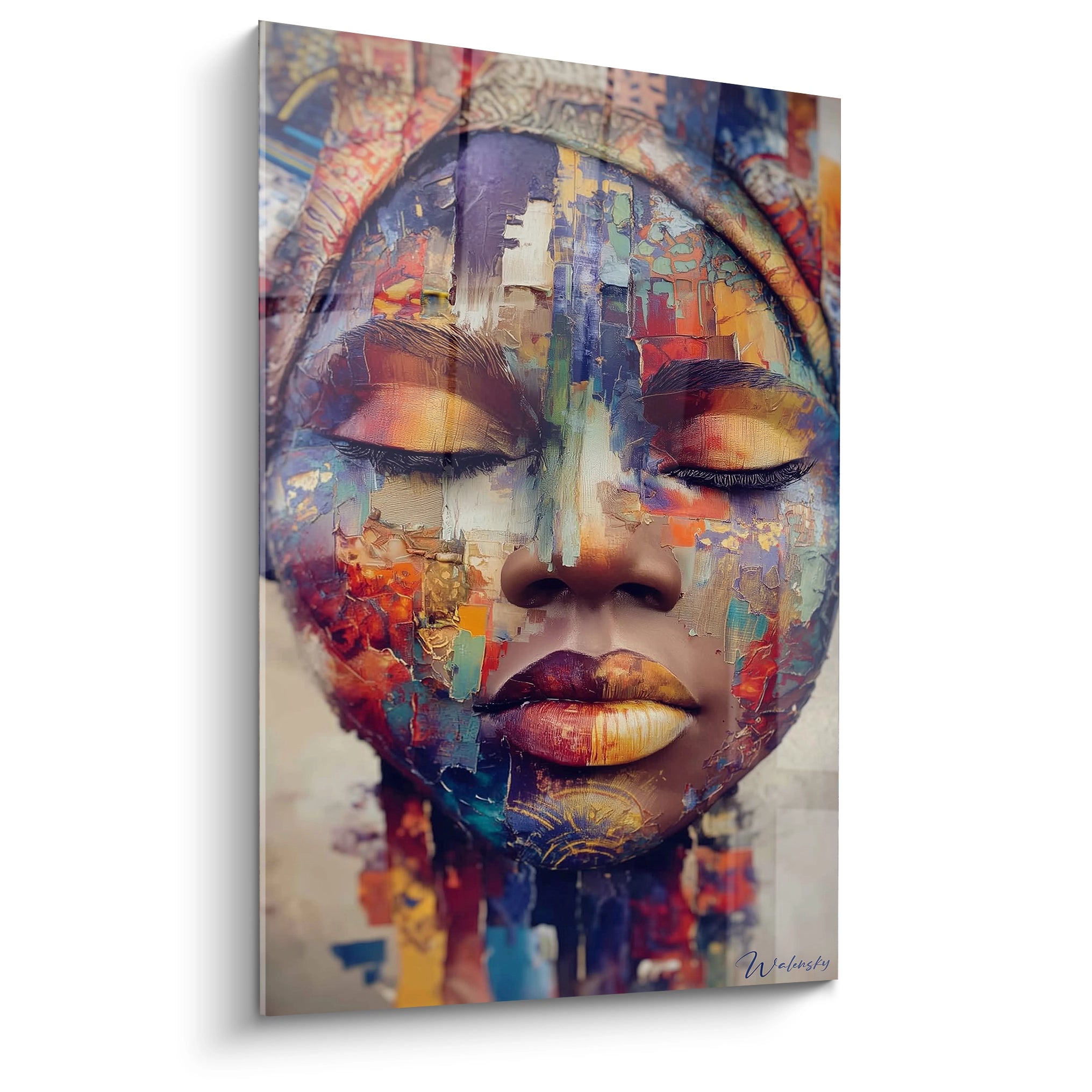 Tableau visage africain moderne avec des couleurs vibrantes et des motifs artistiques uniques de Walensky