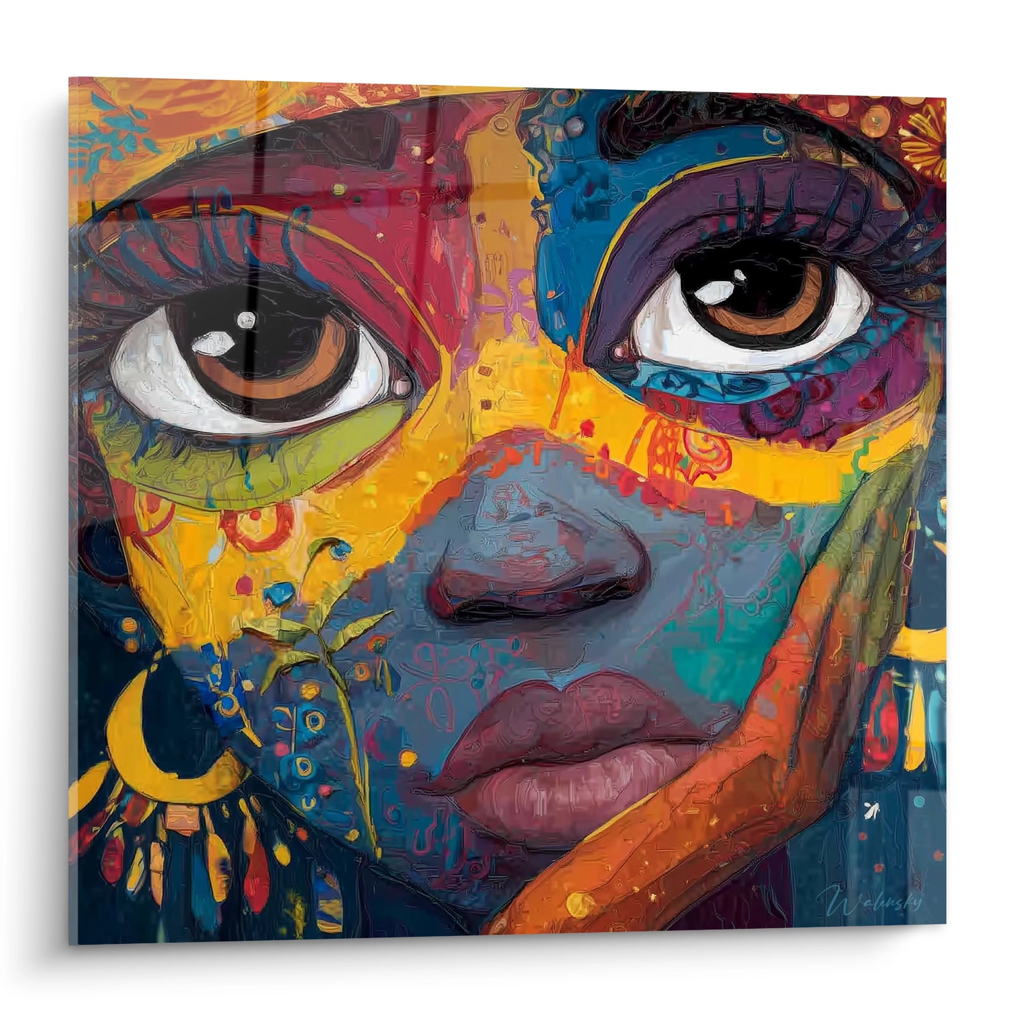 Tableau visage africain moderne de Walensky avec des couleurs vives et des détails artistiques