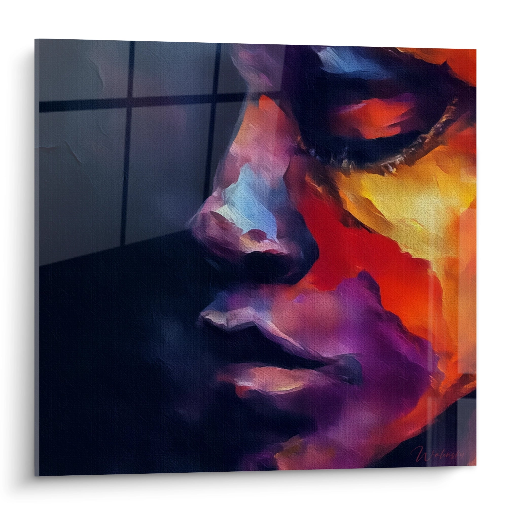 Tableau visage africain moderne de Walensky, peinture colorée sur toile représentant des traits abstraits