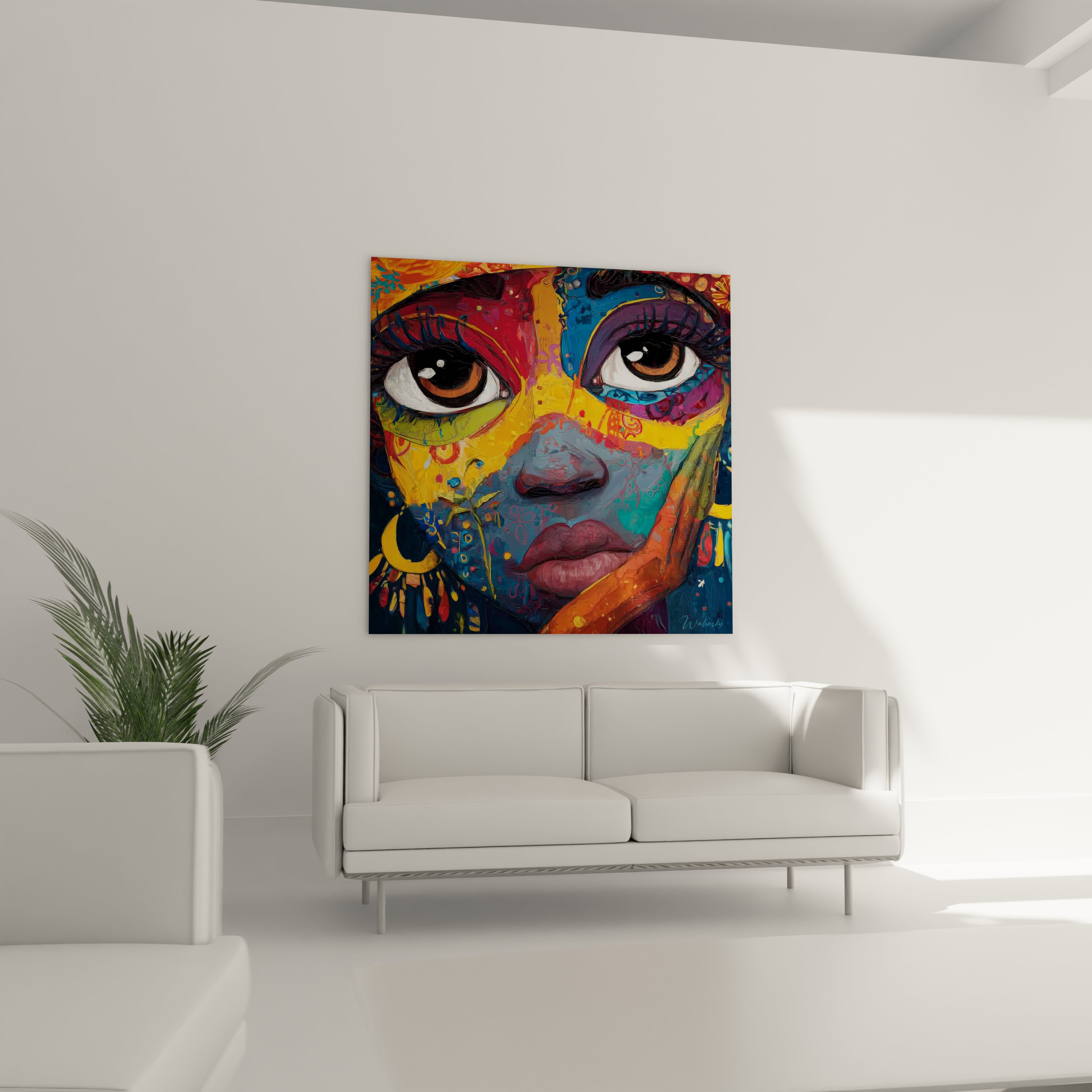 Tableau visage africain moderne avec des couleurs vives accroché au mur au-dessus d'un canapé