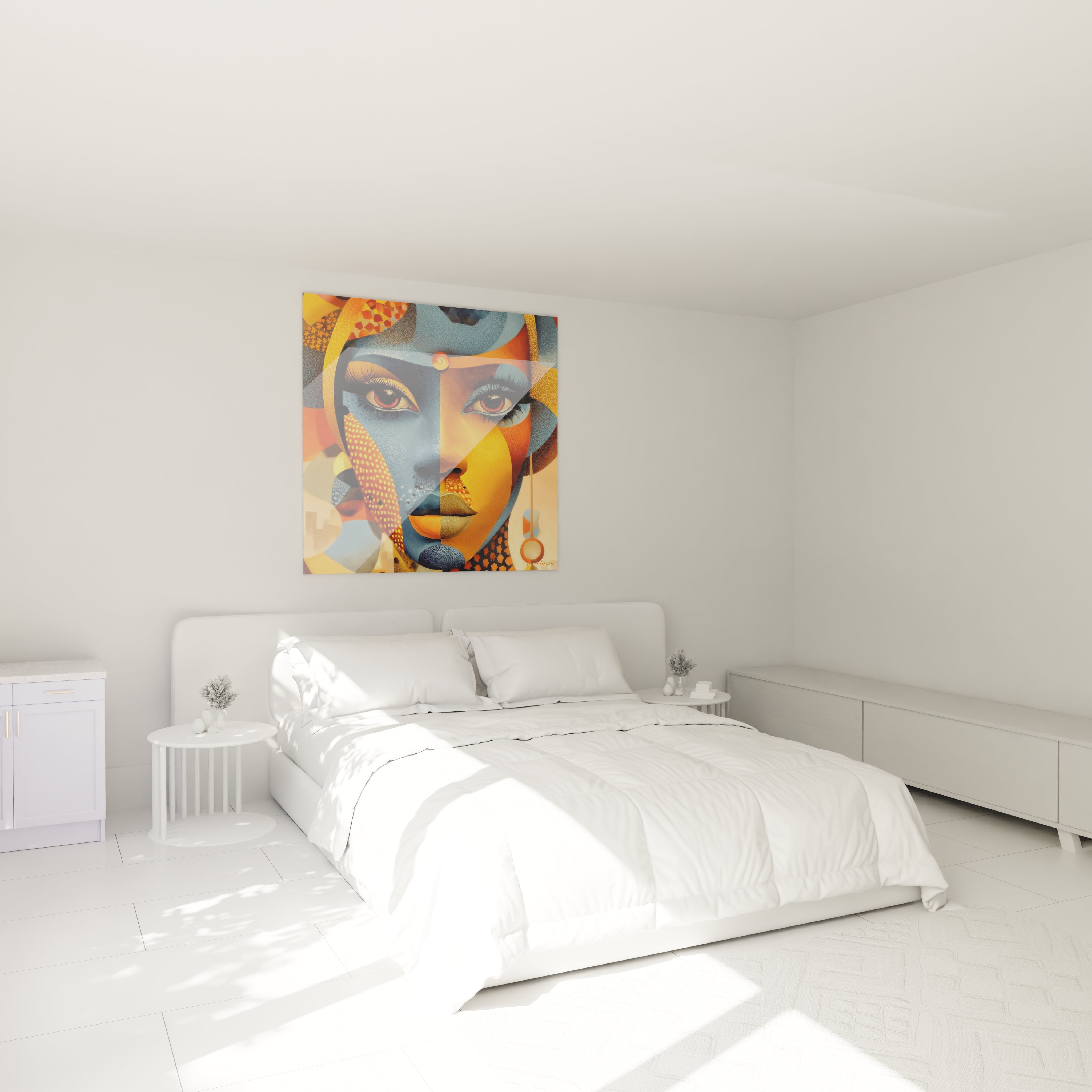 Tableau visage africain ocre et azur de Walensky, parfait pour décorer une chambre moderne