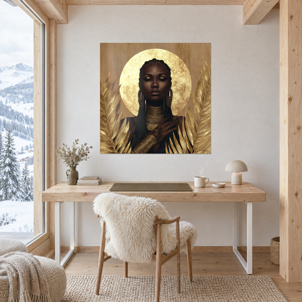 Gemälde afrikanische Gottheit mit geschlossenen Augen, gestuftem Goldkragen und goldbraunem Hintergrund, über einem Schreibtisch aus hellem Holz in einem Chalet aufgehängt