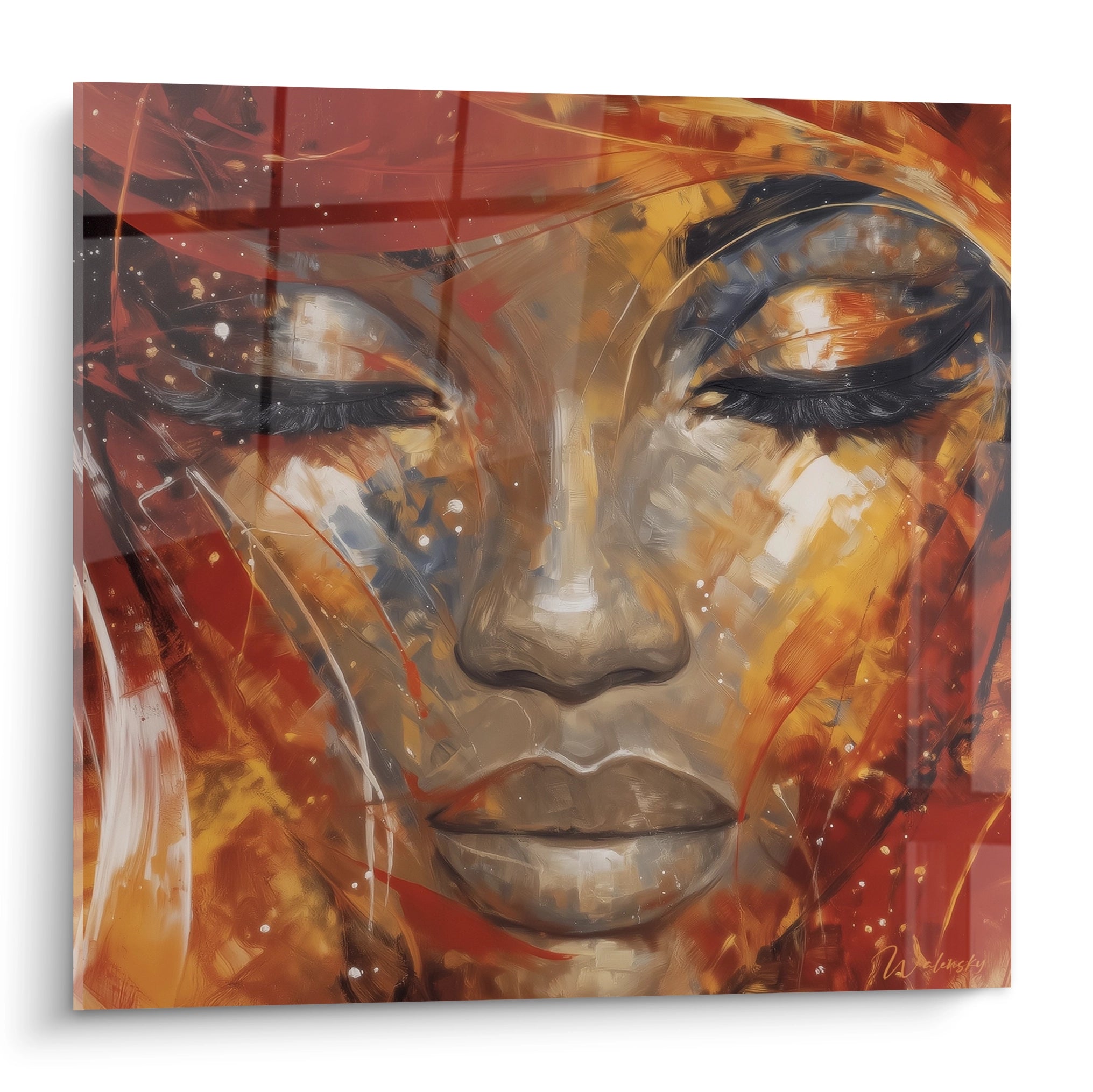 Tableau mural visage africain de Walensky avec des couleurs chaudes et des détails artistiques