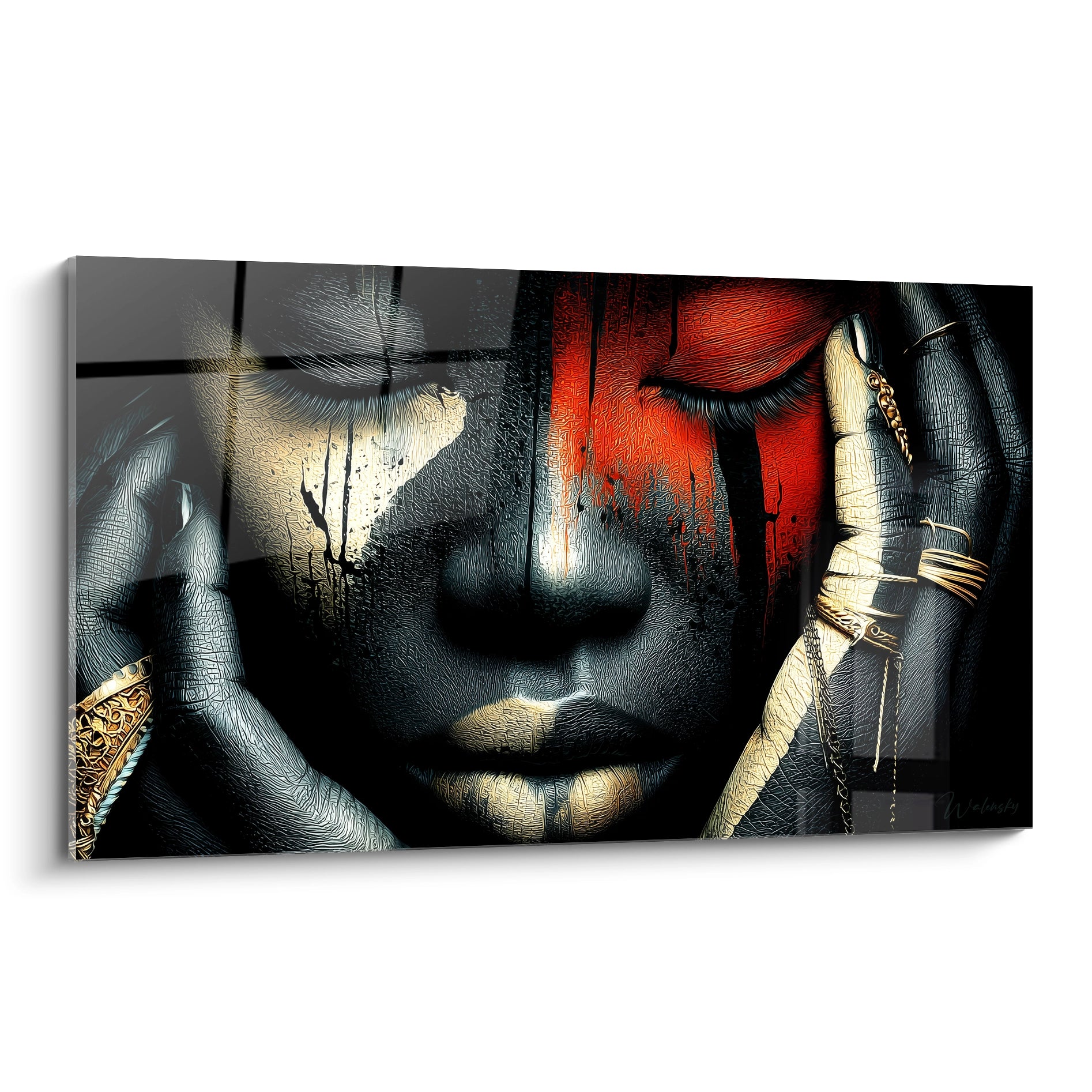 Tableau visage africain moderne avec des couleurs vibrantes et des textures uniques