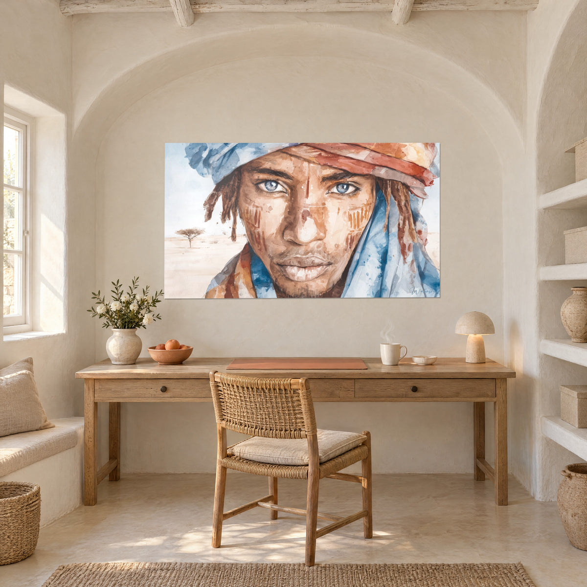 Tableau portrait saharien en aquarelle, yeux clairs et foulard bleu, accroché au-dessus d'un bureau en bois clair